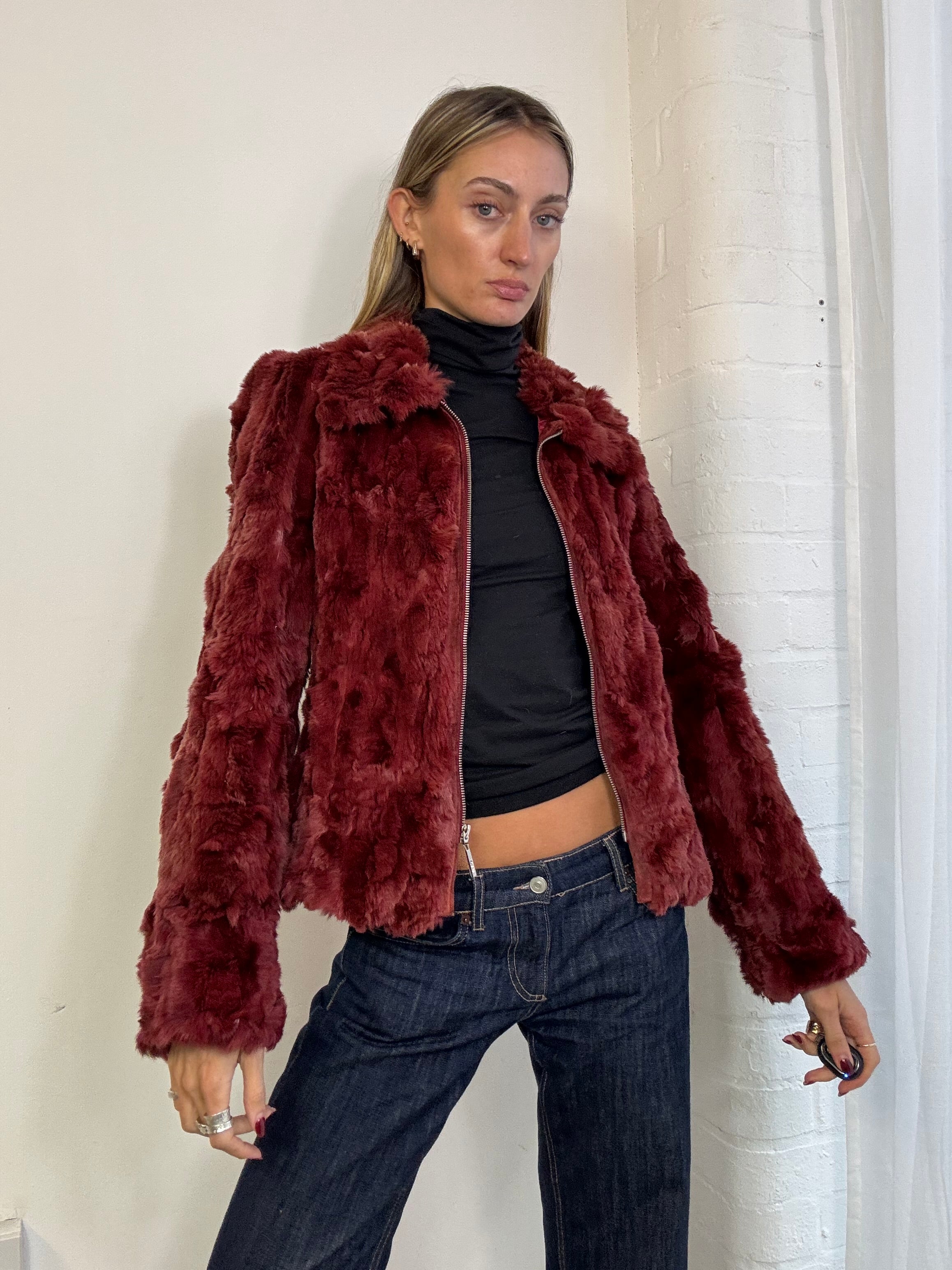 Vintage Y2K burgundy genuine fur zip up jacket