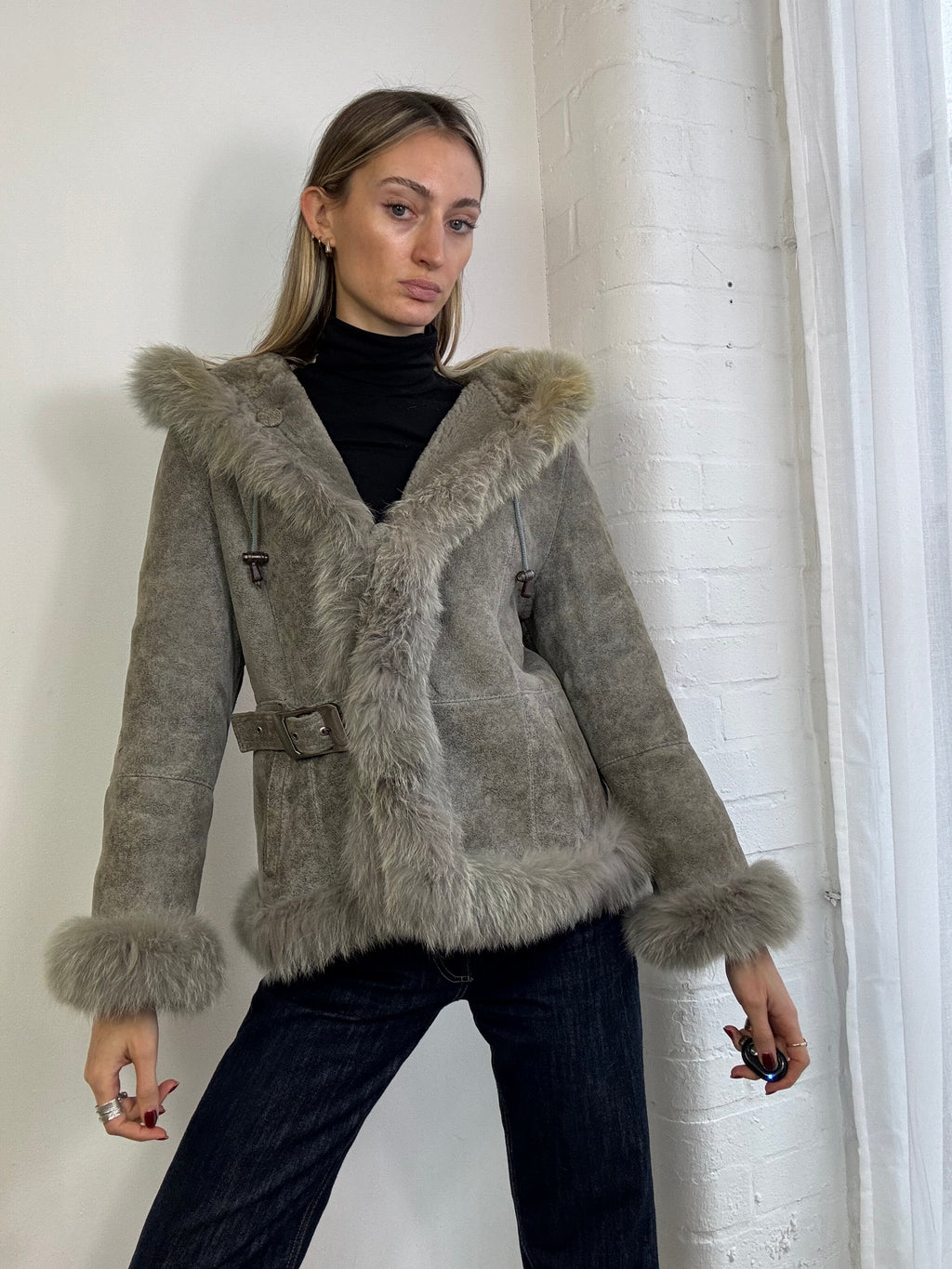 Vintage Y2K grey suede sheepskin hooded fur trim coat buckle