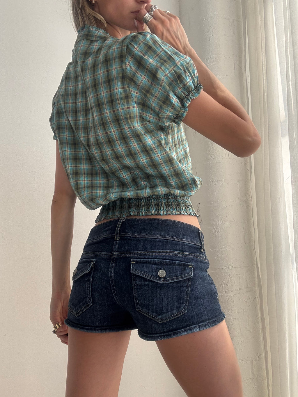Vintage Y2K Plaid Puff Sleeve Crop Blouse - Size S