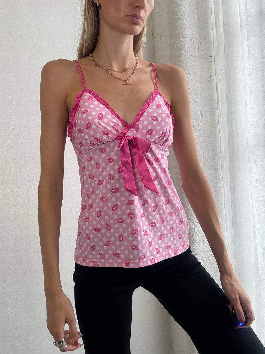 Vintage Y2K Pink Polka Dot Satin Bow Cami Top - Size S