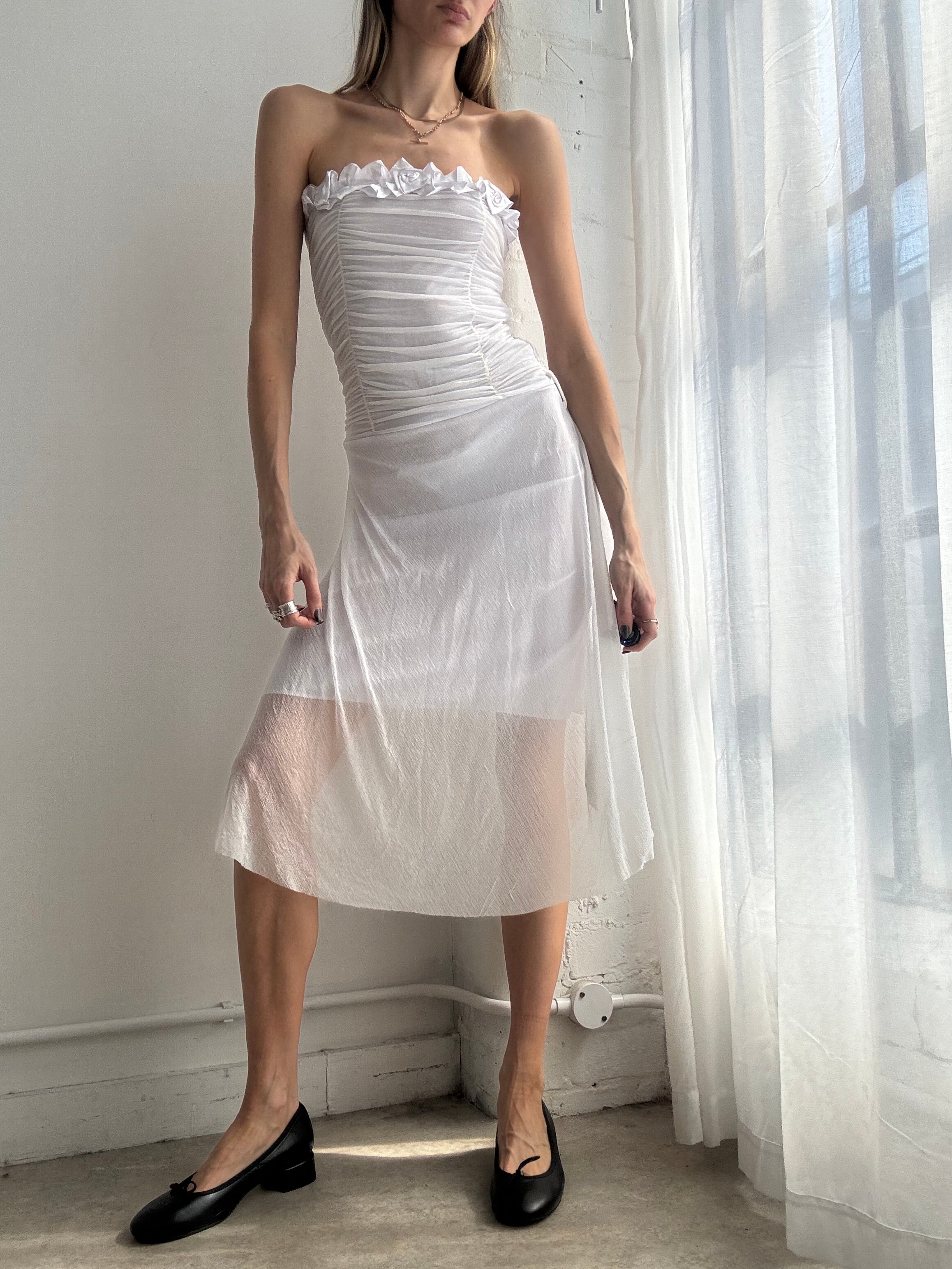 Vintage Y2K white ruched strapless mesh midi dress - Size XS