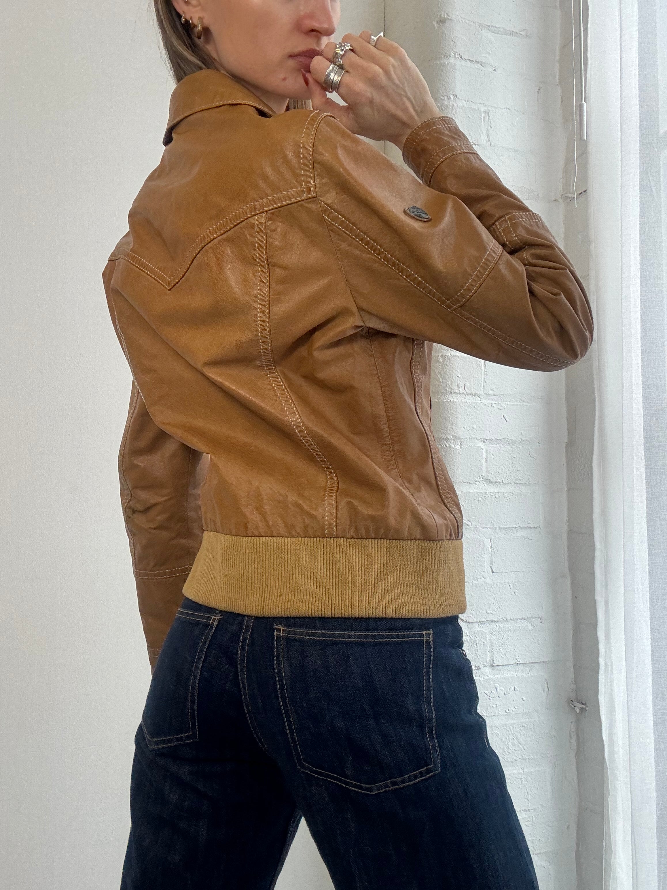 Vintage Y2K tan leather bomber jacket