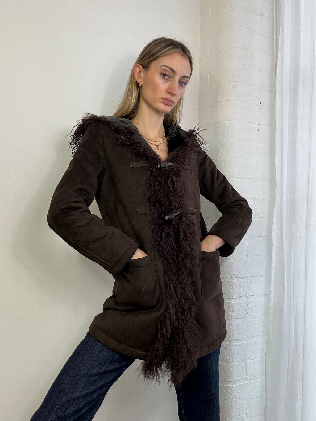 Vintage Y2K brown faux suede hooded coat with Mongolian fur trim