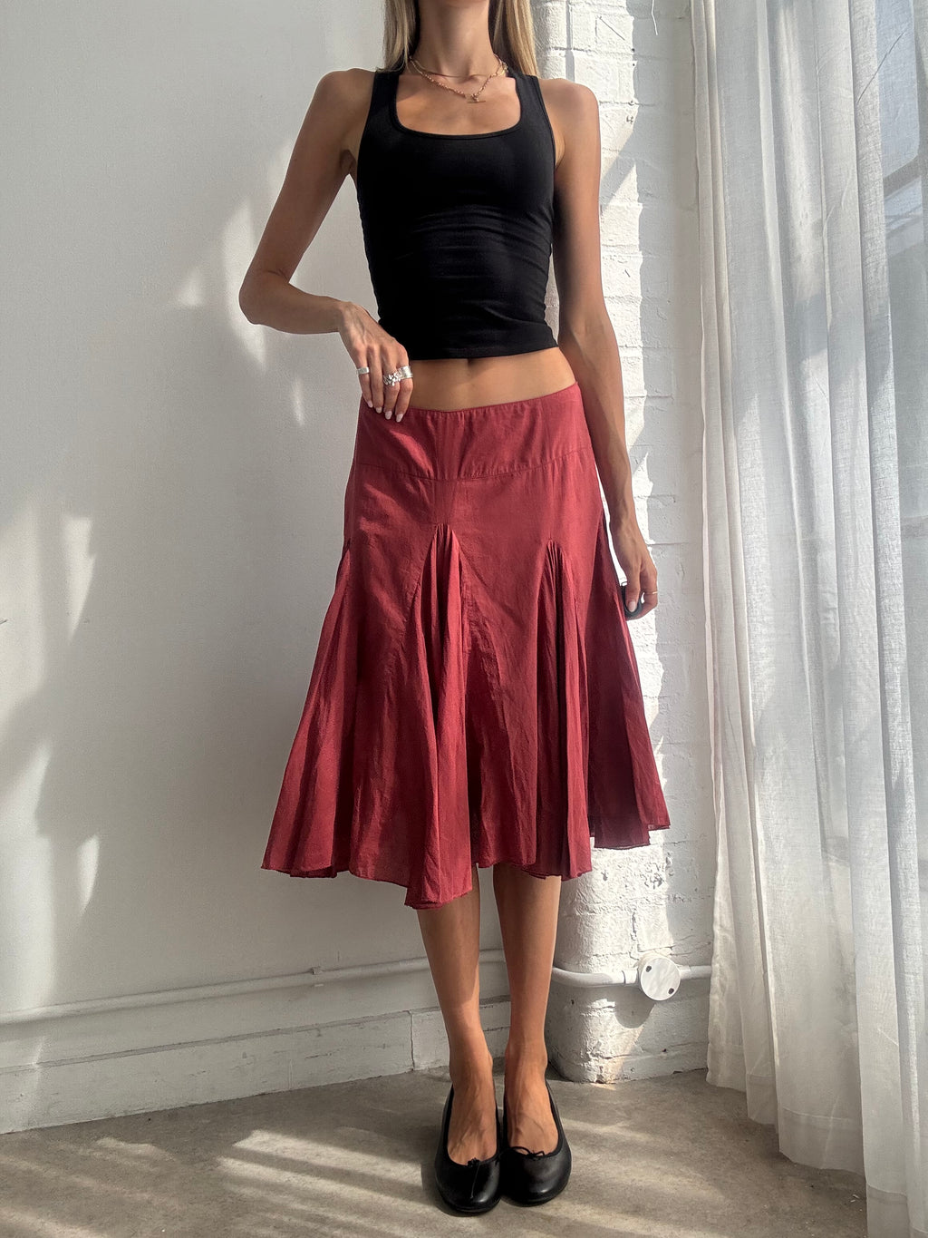 Vintage Y2K Burgundy Cotton Midi Skirt - Size M