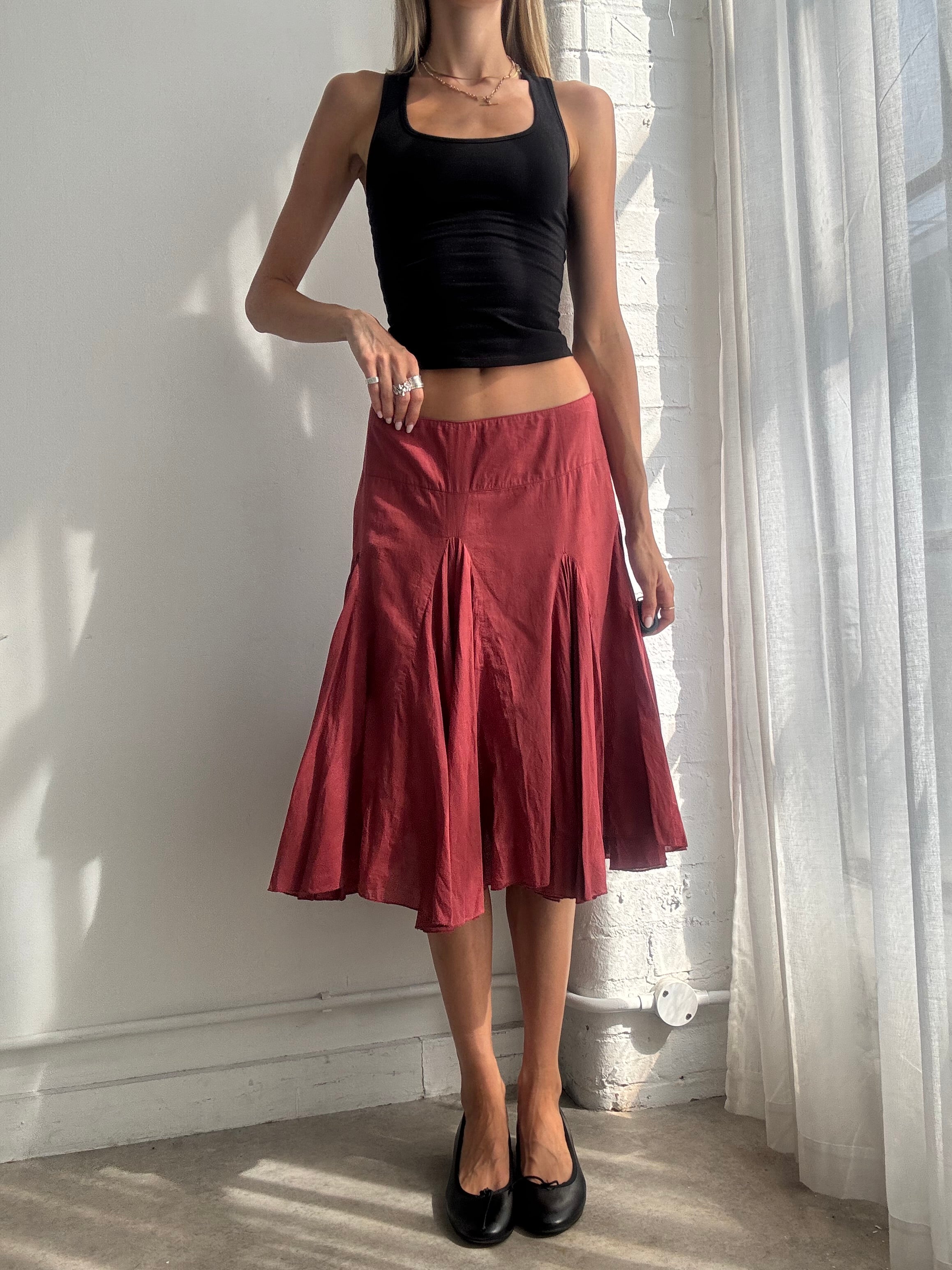 Vintage Y2K Burgundy Cotton Midi Skirt - Size M