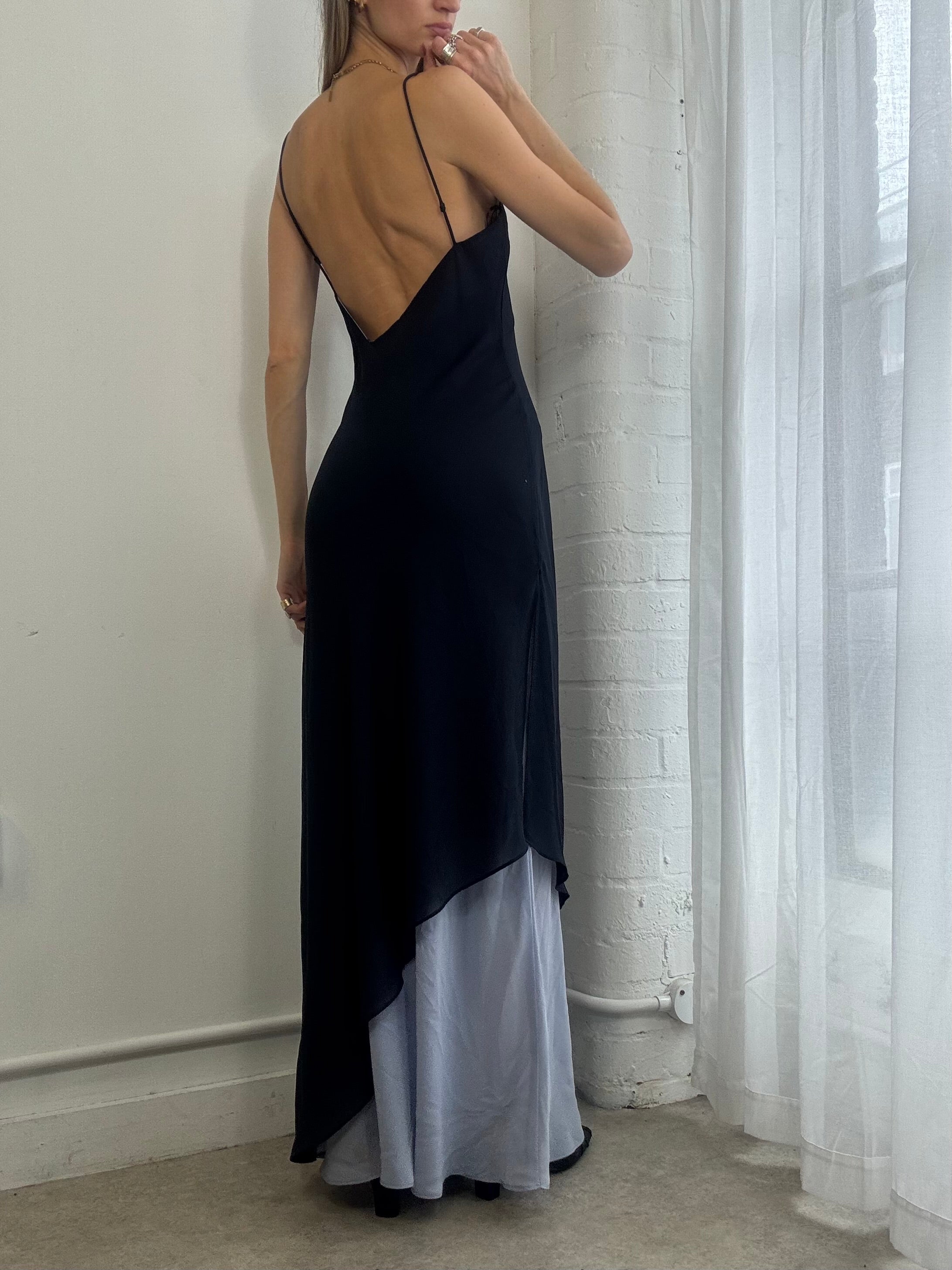 Vintage 90s Navy Blue One Shoulder Asymmetric Evening Dress