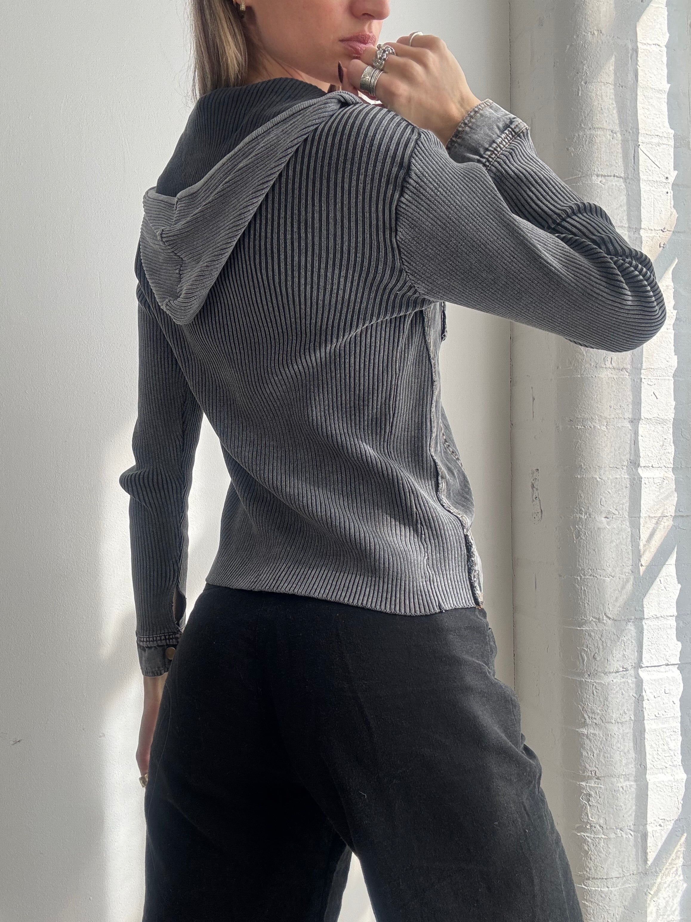 Vintage Y2K grey denim & knit zip up hooded jacket - Size S