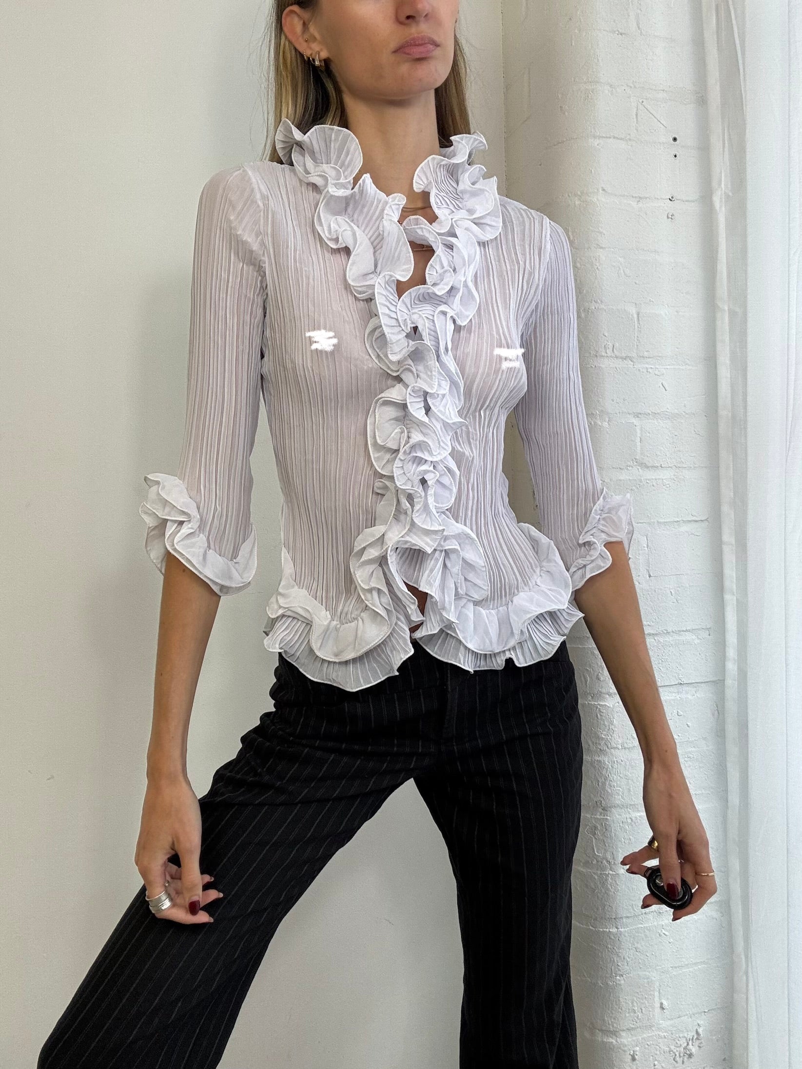 Vintage 90s white mesh ruffle blouse