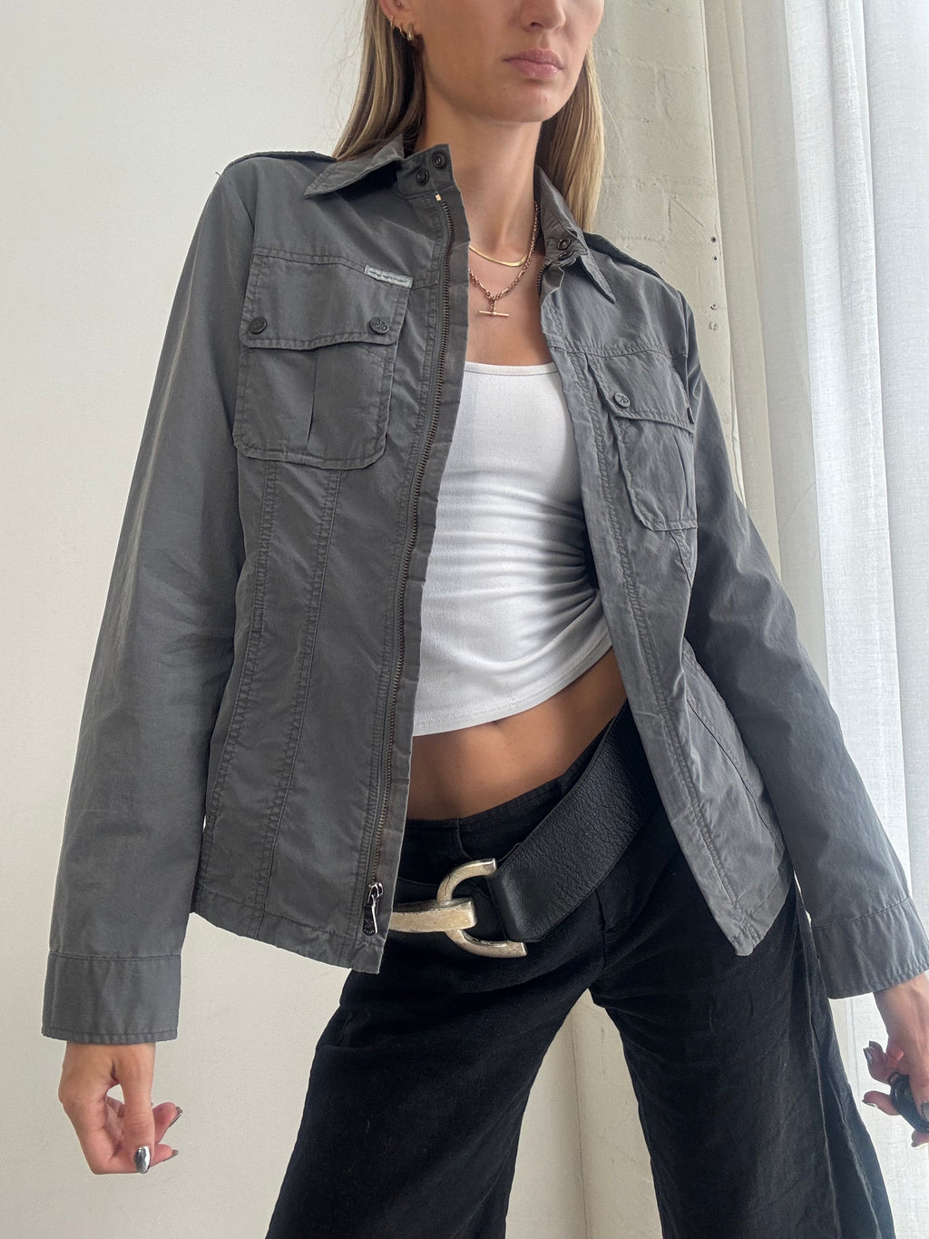 Vintage Y2K Calvin Klein Grey Utility Jacket – Lightweight Military Cargo Shirt Jacket - Size S