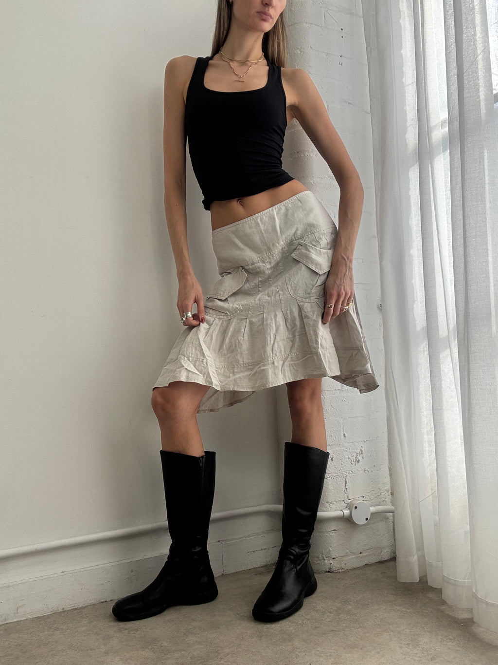Vintage Y2K cream cotton ruffle asymmetric midi skirt