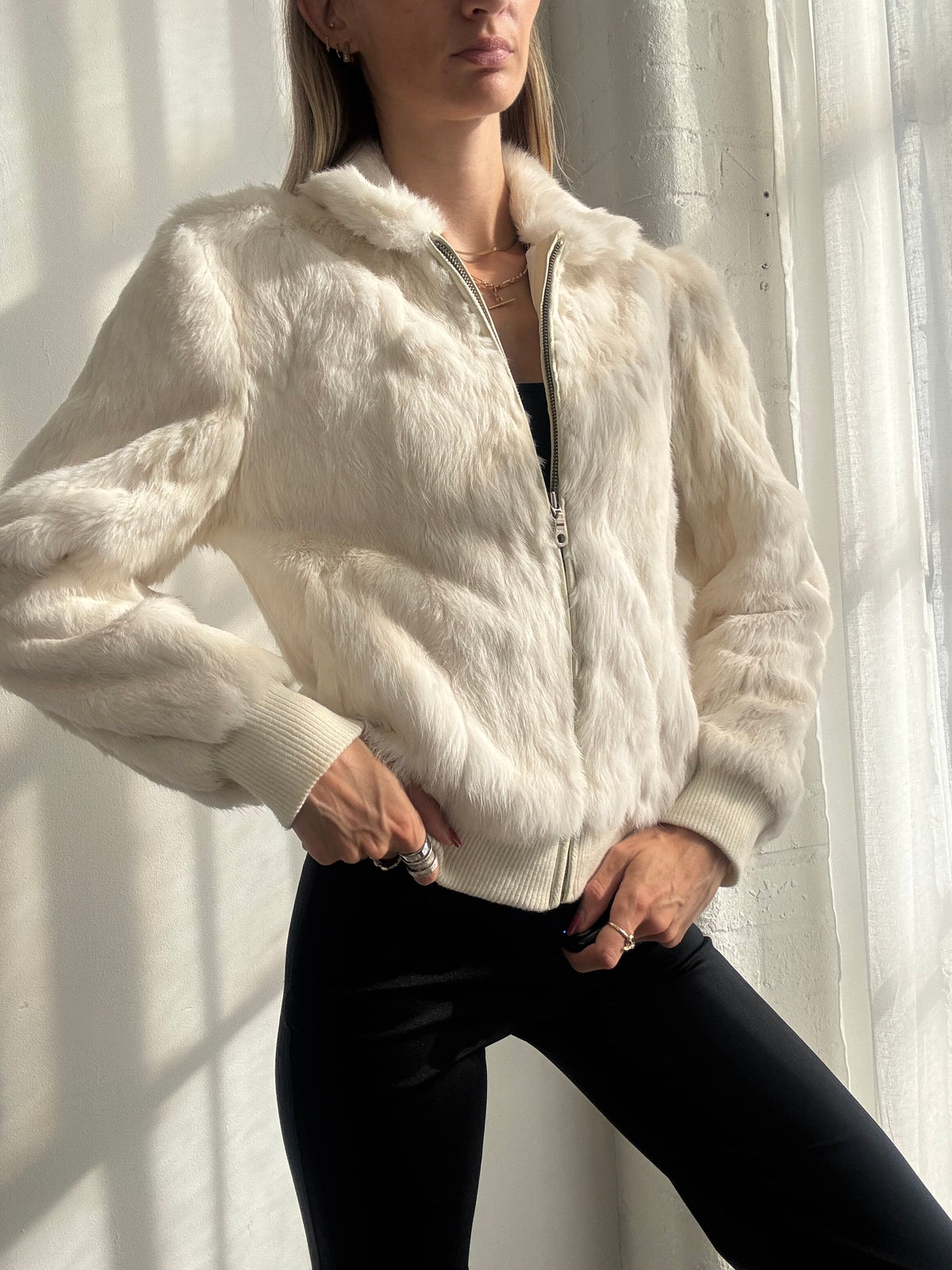 Vintage Y2K Cream Rabbit Fur Zip Up Bomber Jacket - Size S/M