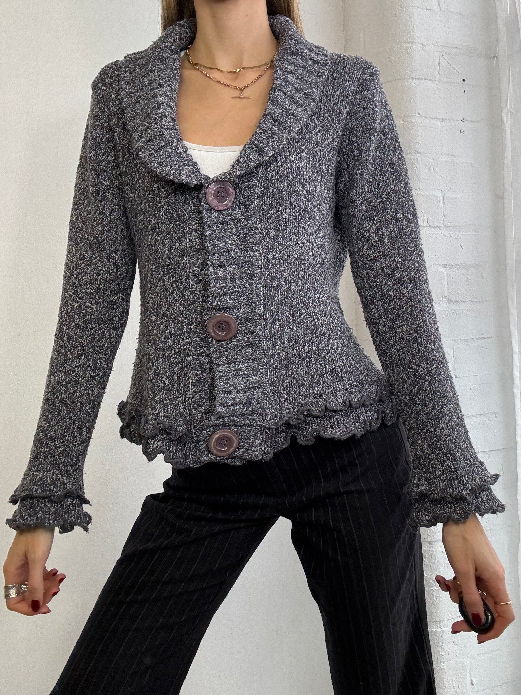 Vintage Y2K grey knitted ruffle cardigan