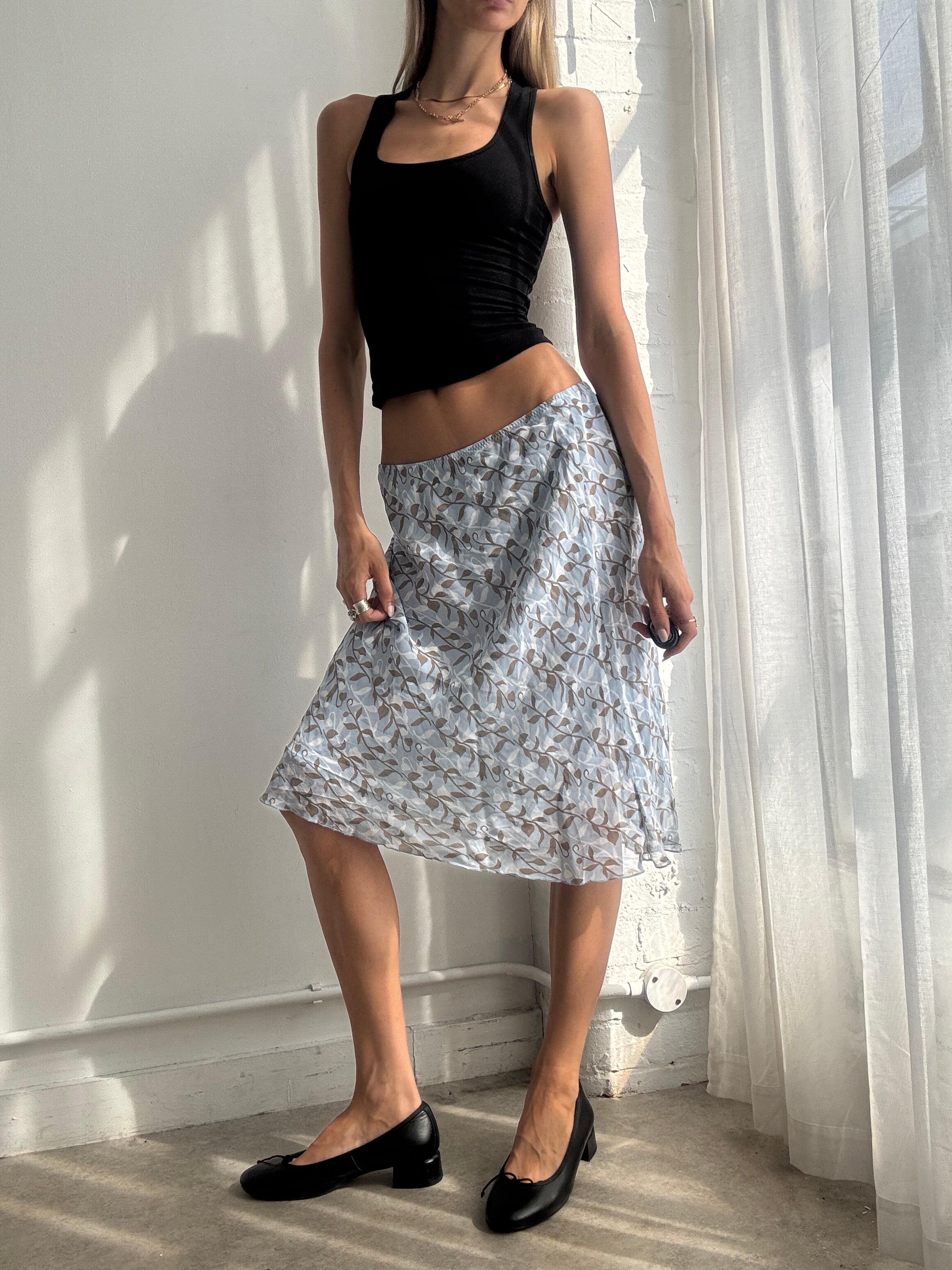 Vintage Y2K Blue Floral Bias Cut Mesh Midi Skirt - Size M/L