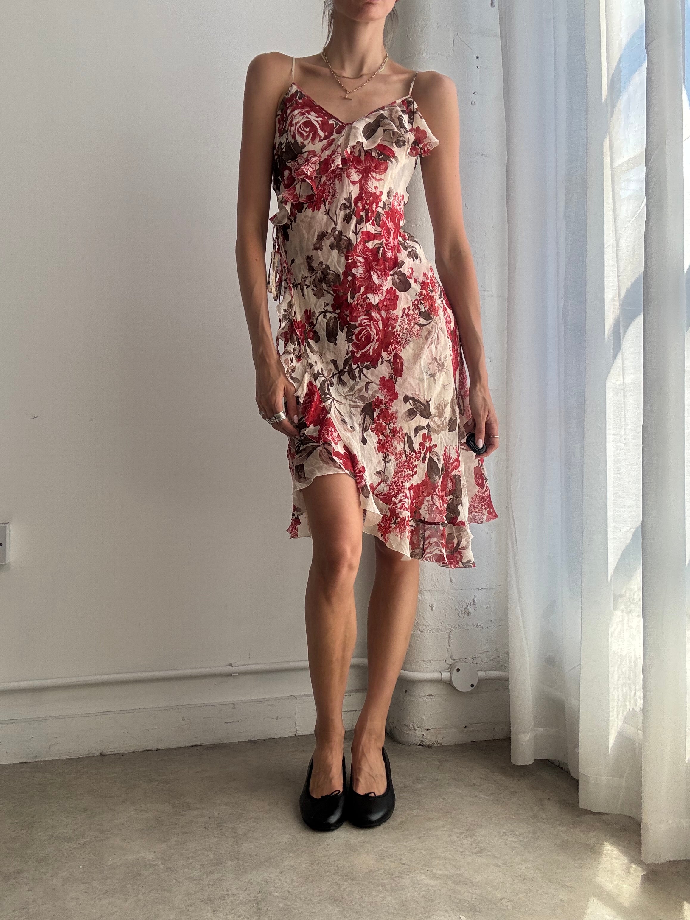 Vintage Y2K Floral Silk Wrap Ruffle Asymmetric Slip Dress - Size S/M