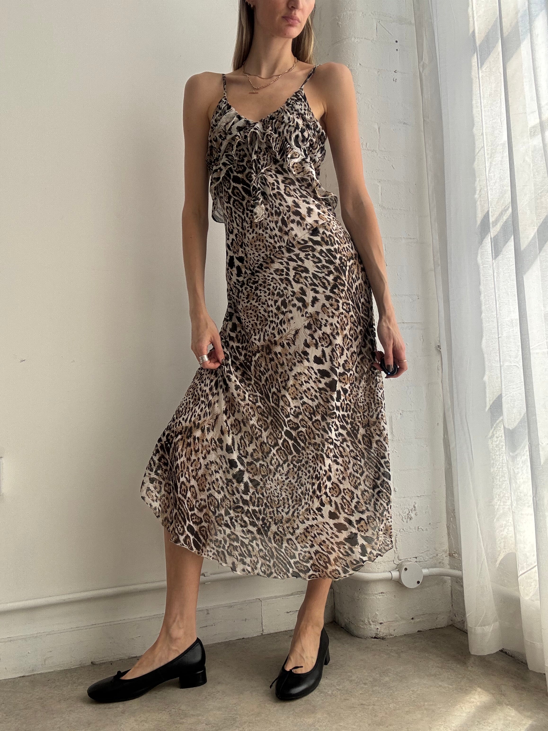 Vintage y2k leopard print mesh slip midi dress - Size S