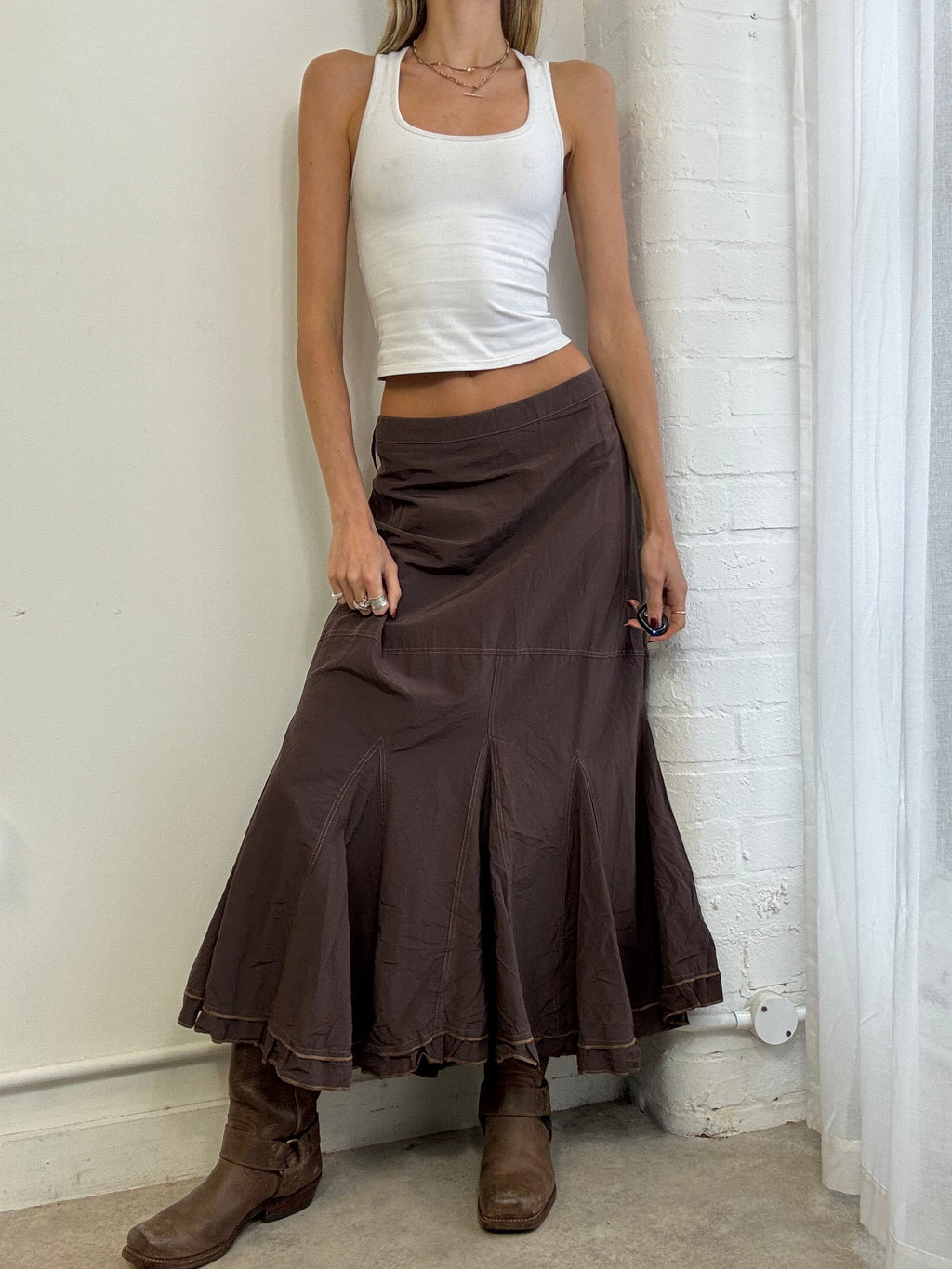 Vintage Y2K brown nylon maxi skirt