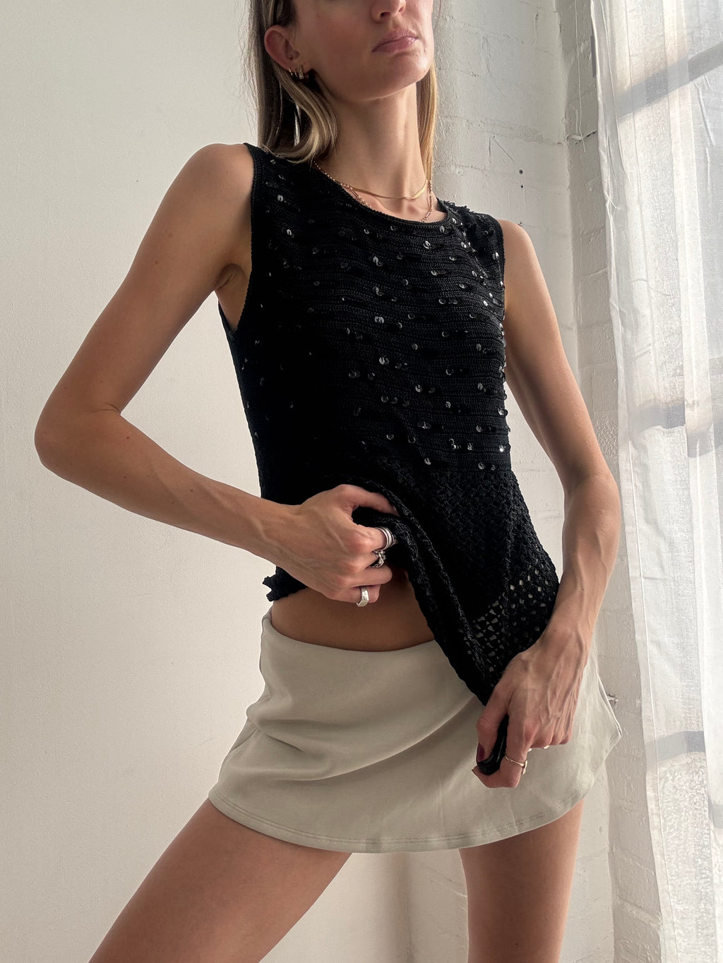 Vintage Y2k Crochet Boat Neck Top Sequin Black