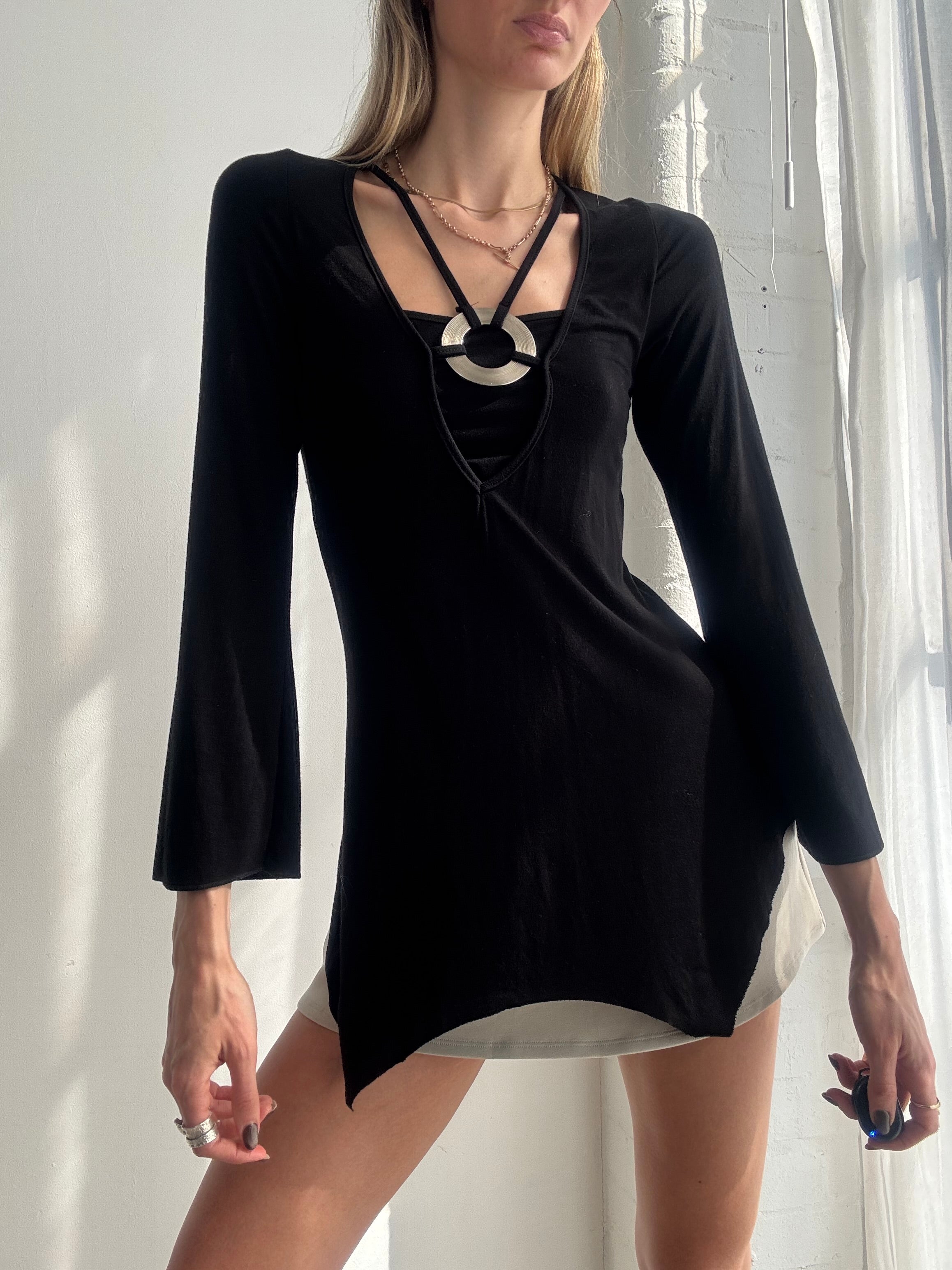 Vintage Y2K black draped asymmetrical top - Size S