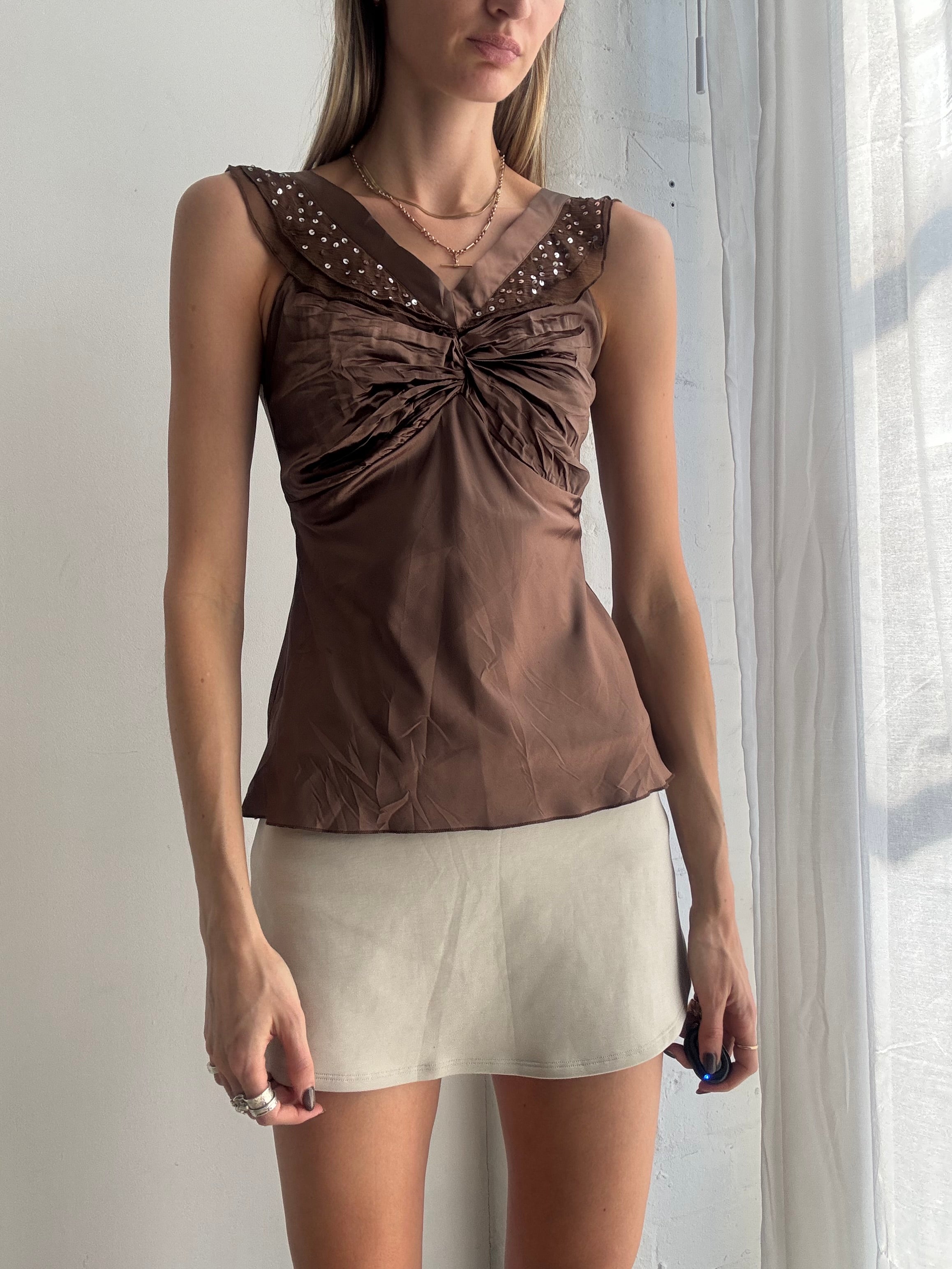 Vintage Y2K brown embellished ruched sleeveless top - Size XS