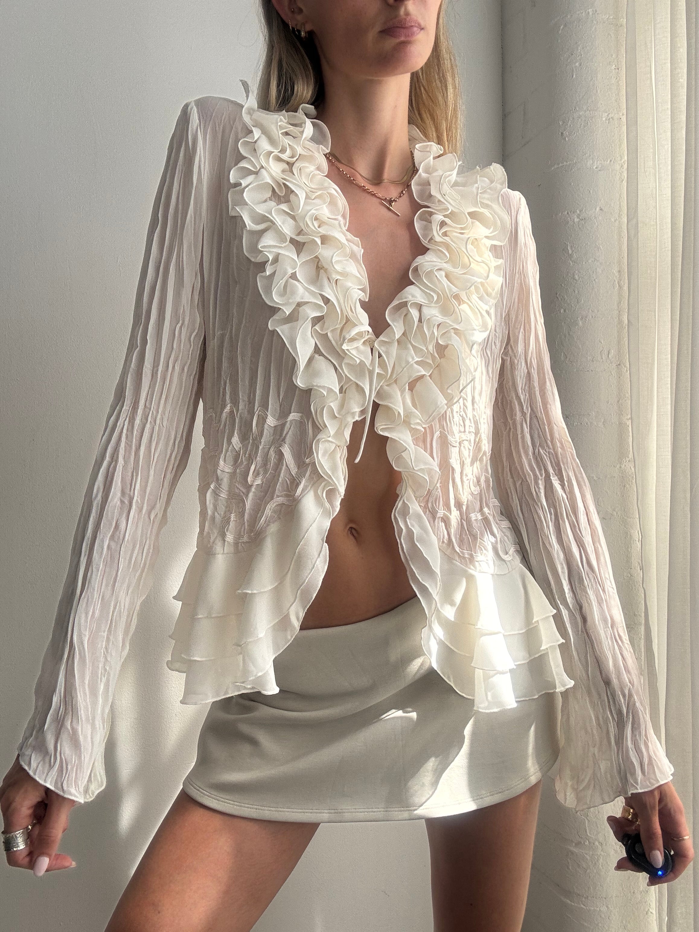 Vintage Y2K Sheer Ruffle Blouse - Size L
