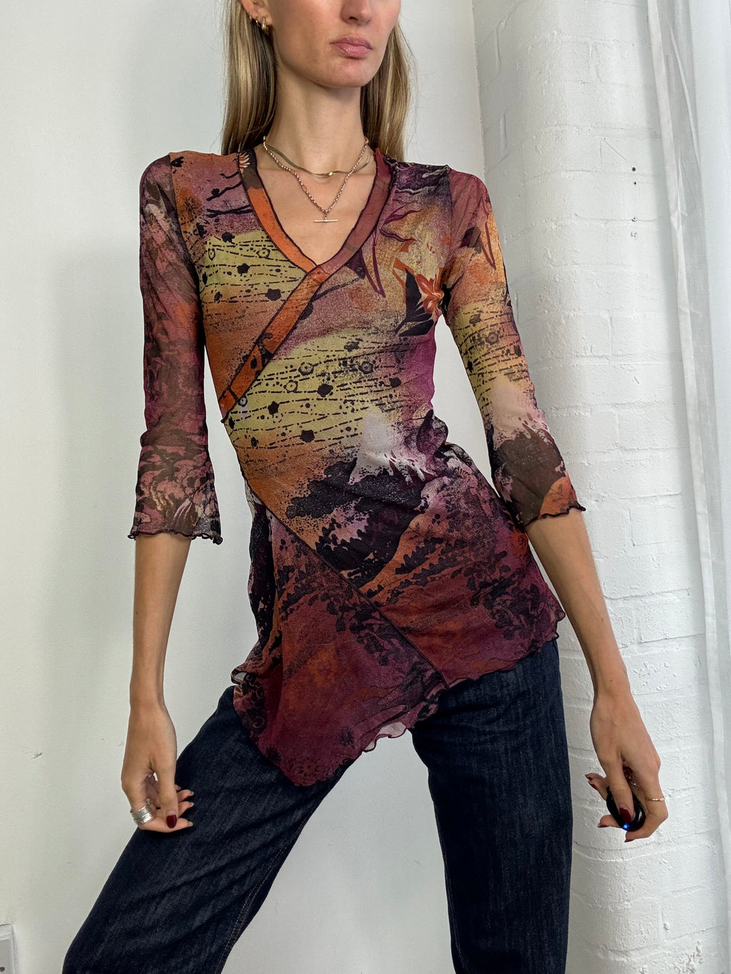 Vintage Y2K v neck mesh top asymmetric