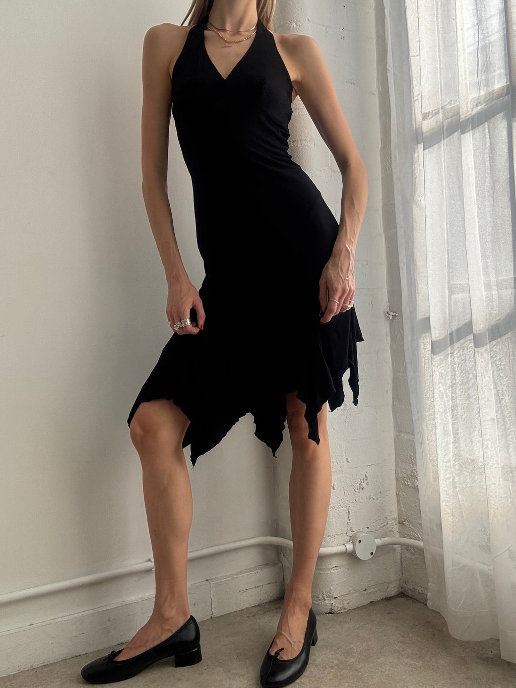 Vintage Y2k Halter Neck Asymmetric Midi Dress Black