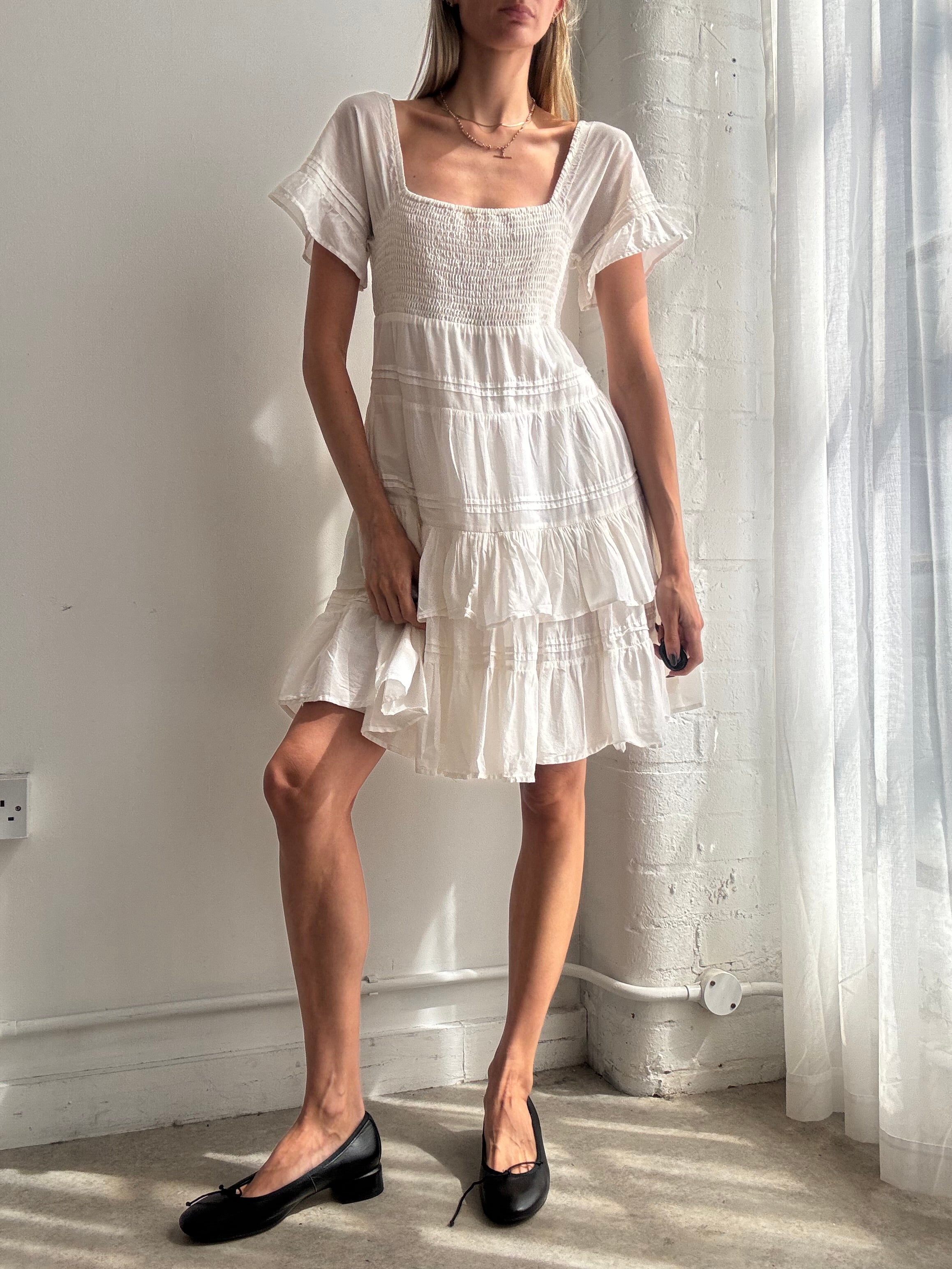 Vintage Y2K white tiered cotton prairie mini dress - Size S