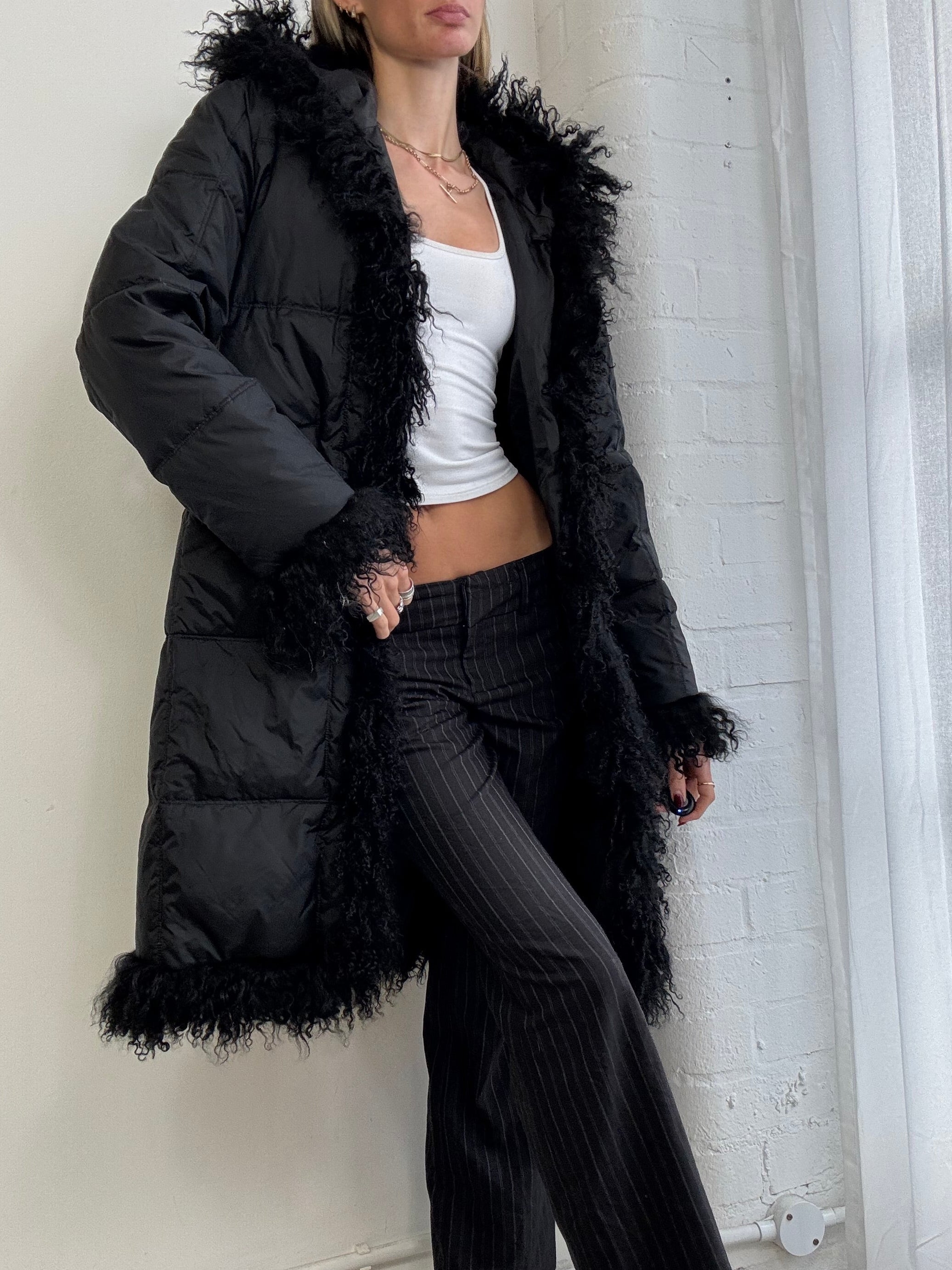 Vintage Y2K Mongolian fur trim hooded puffer coat