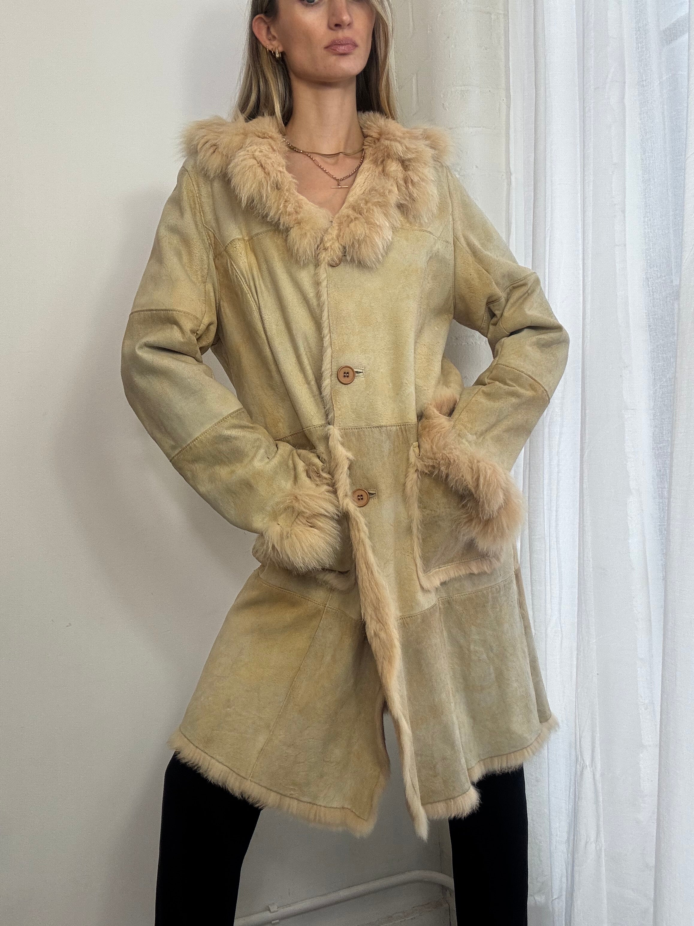Vintage Y2K cream genuine suede long coat real fur trim