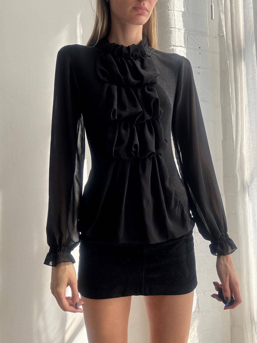 Vintage Y2K black ruffle chiffon blouse - Size S