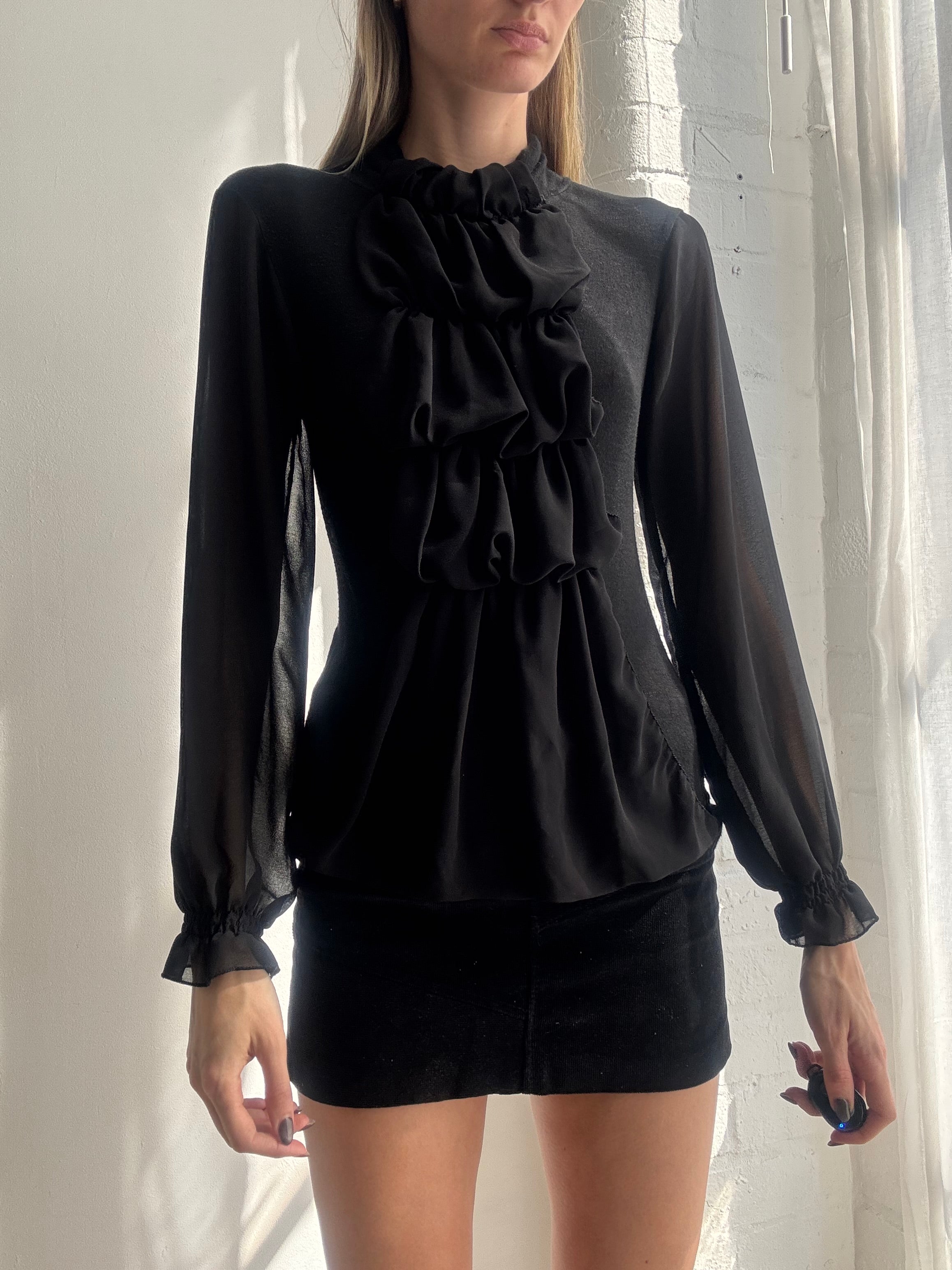 Vintage Y2K black ruffle chiffon blouse - Size S