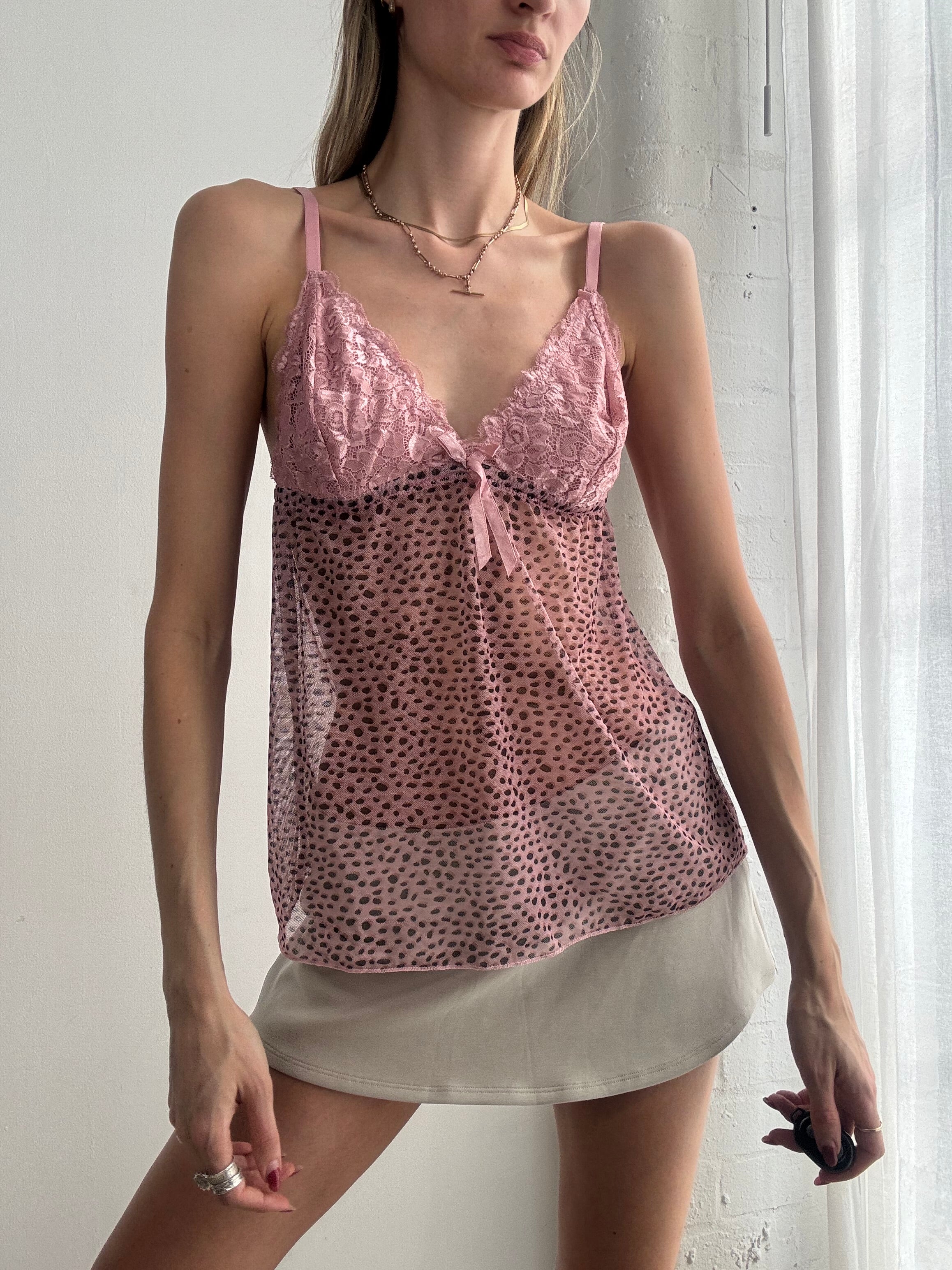 Vintage Y2K pink leopard print sheer mesh and lace cami top