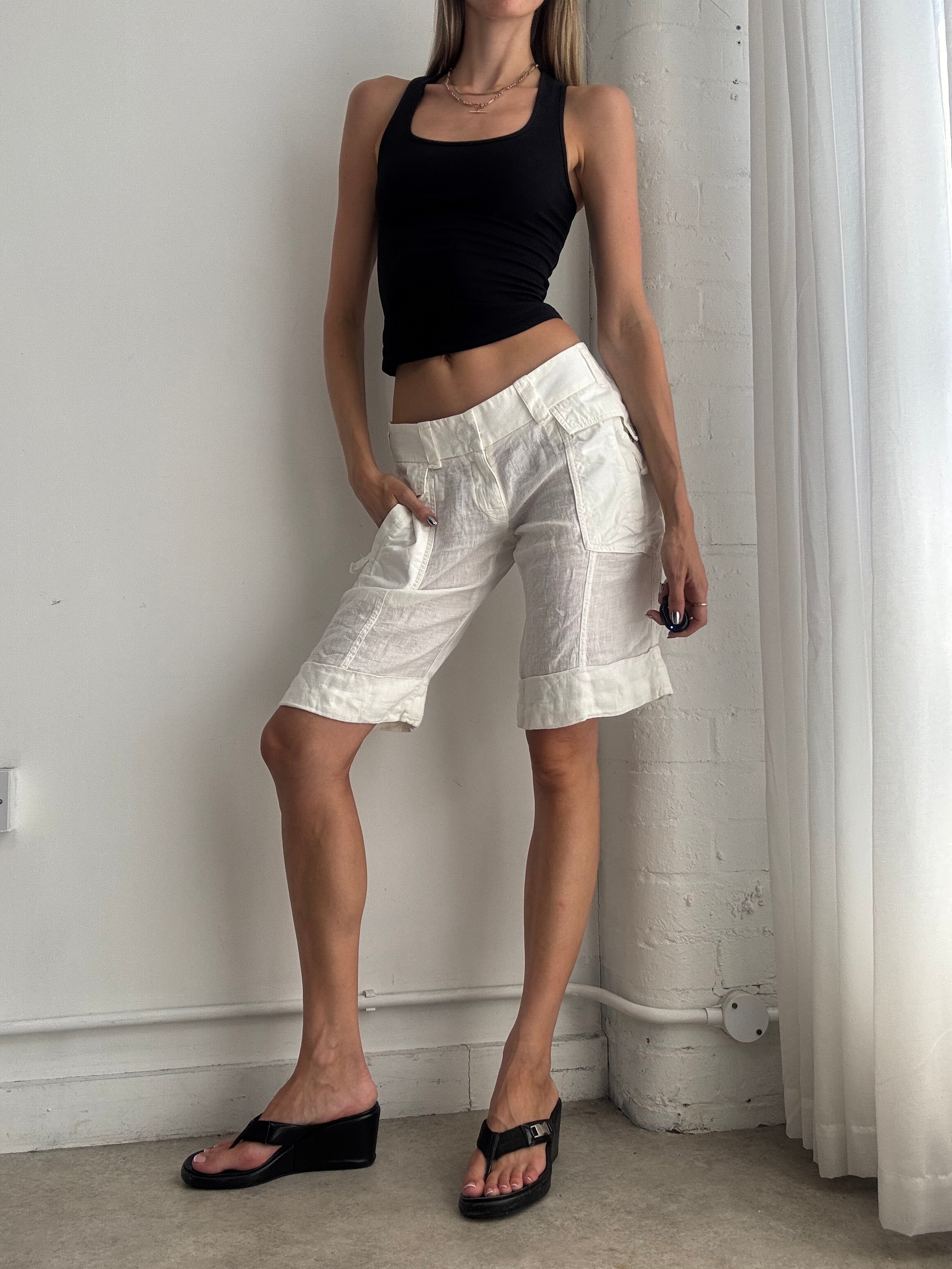 Vintage Y2K White Linen Capri Pants – Low Rise Utility Knee Length Shorts - Size S