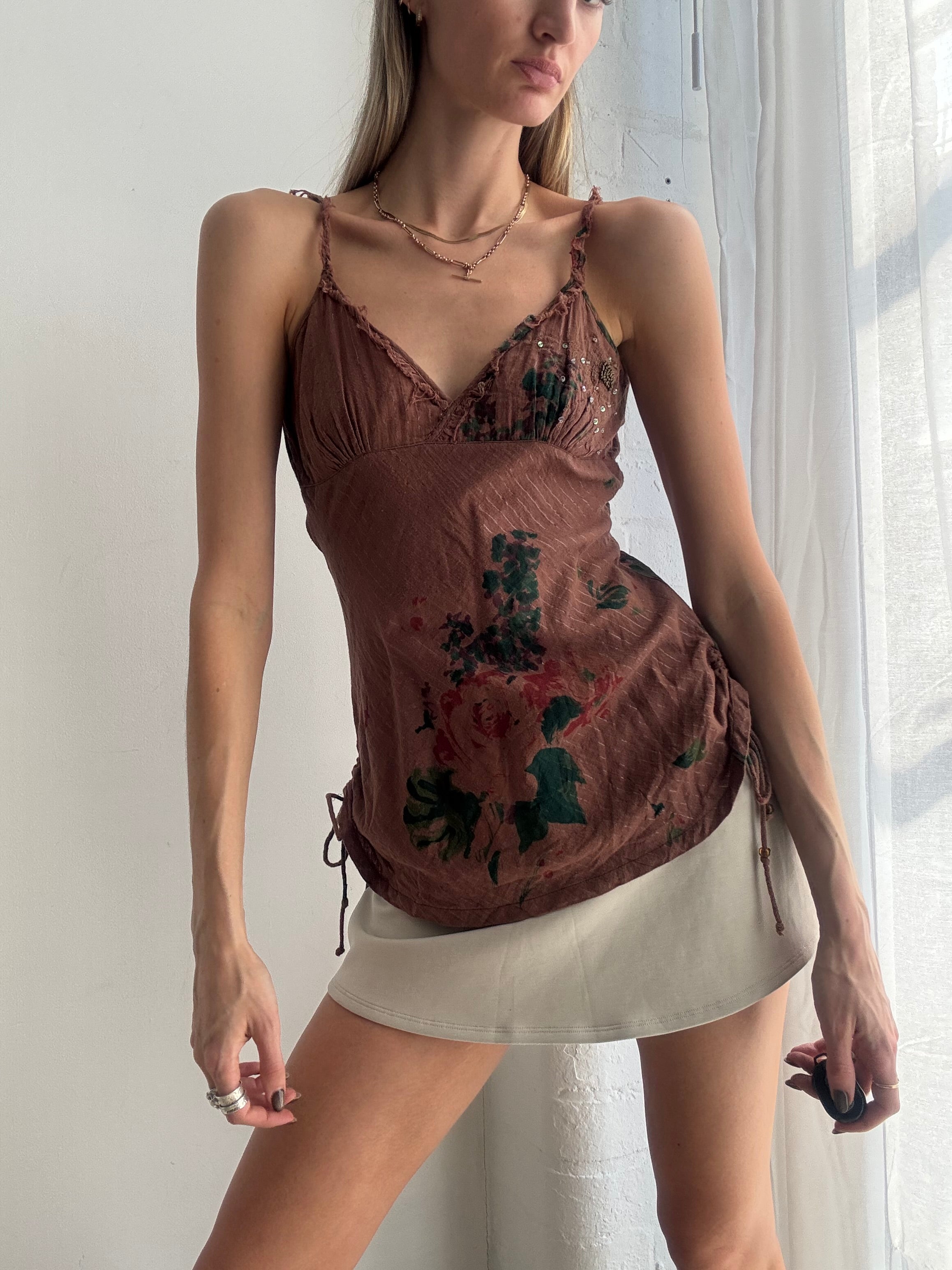 Vintage Y2K brown floral ruched cami top - Size S