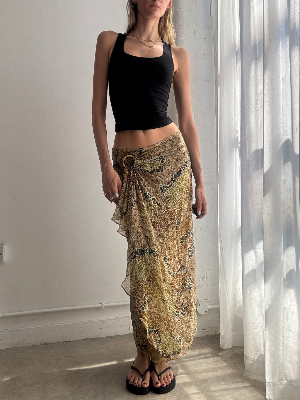 Vintage Sheer Printed Green Maxi Skirt Y2K - Size XS/S