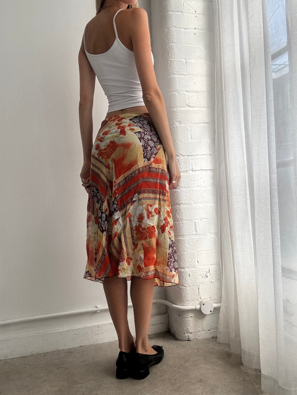 Vintage Y2K Orange Abstract Mesh Midi Skirt - Size M