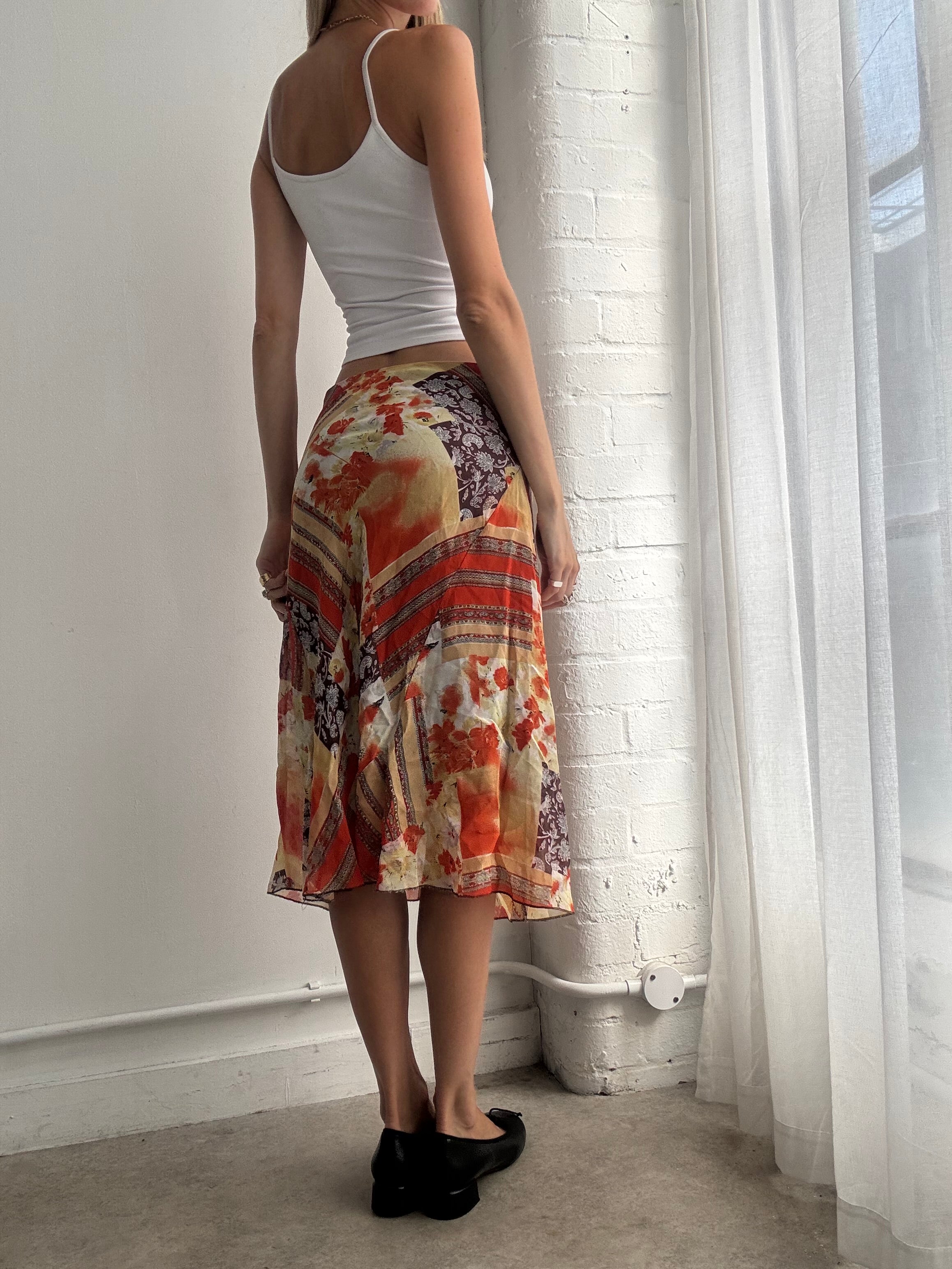 Vintage Y2K Orange Abstract Mesh Midi Skirt - Size M