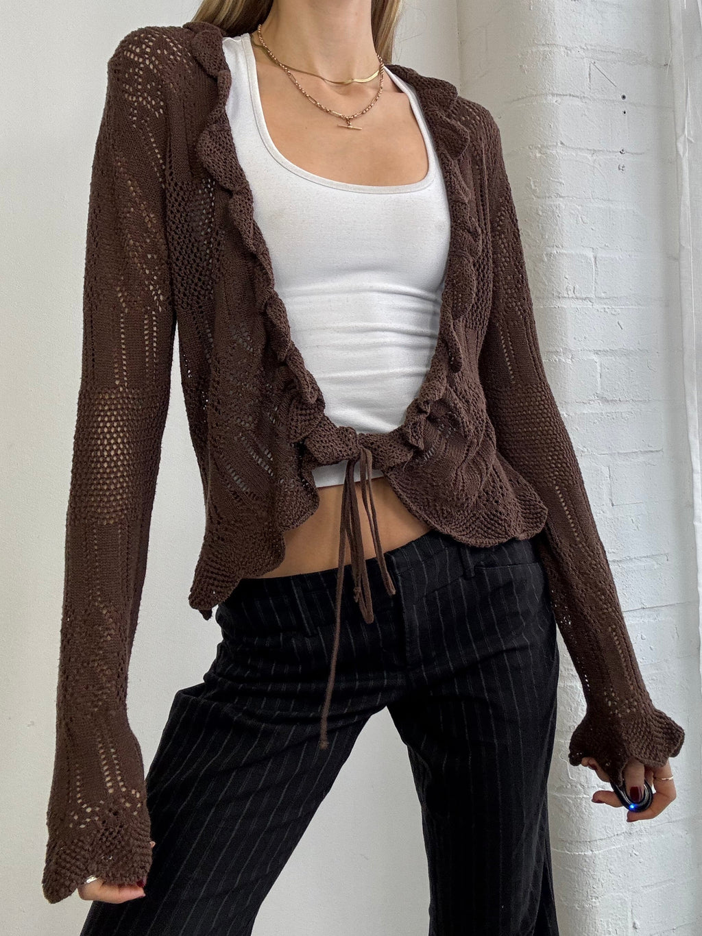 Vintage Y2K ruffle tie front cardigan brown