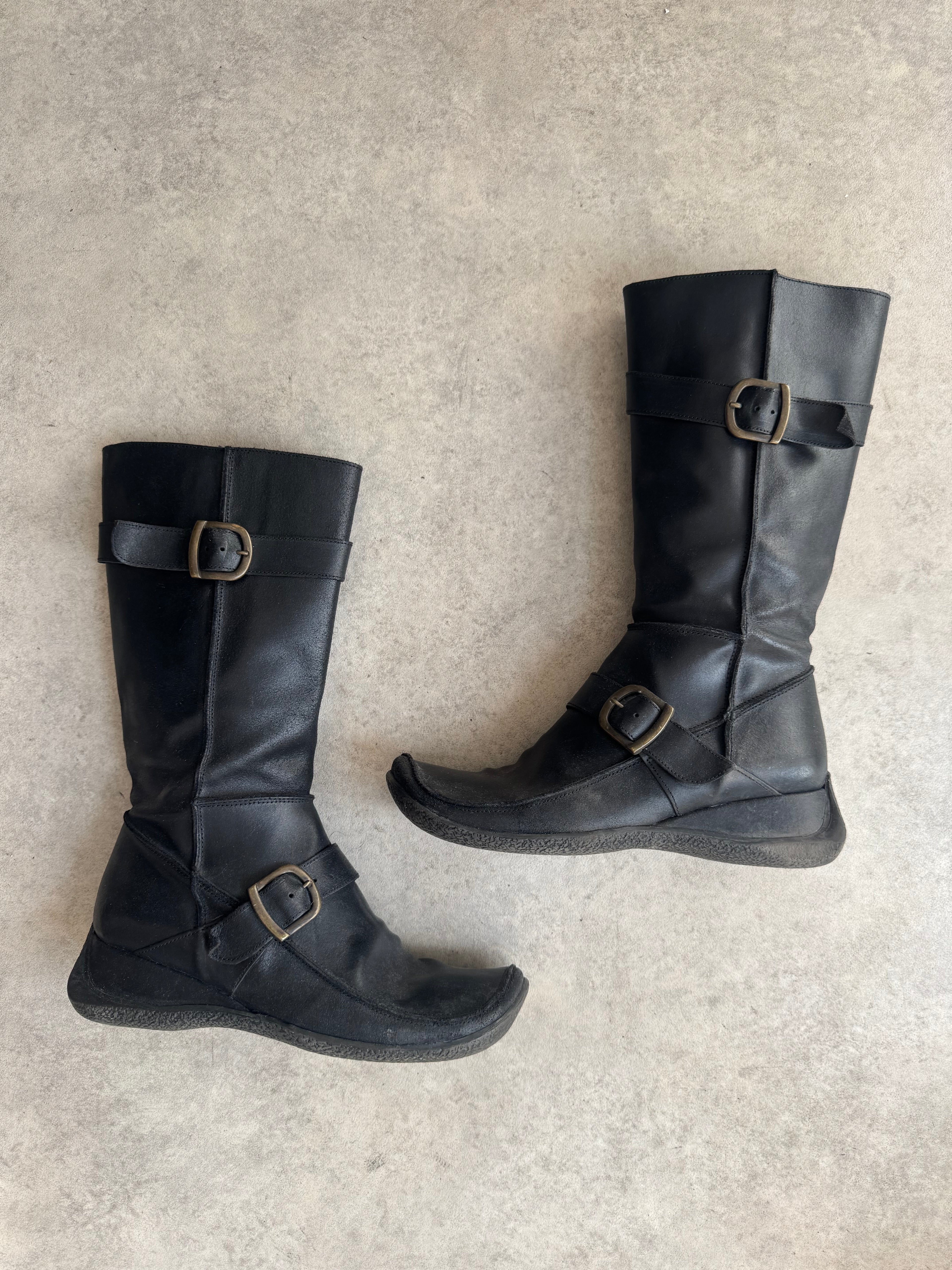 Vintage Y2K Black Leather Square Toe Buckle Boots - Size UK 6 / EU39