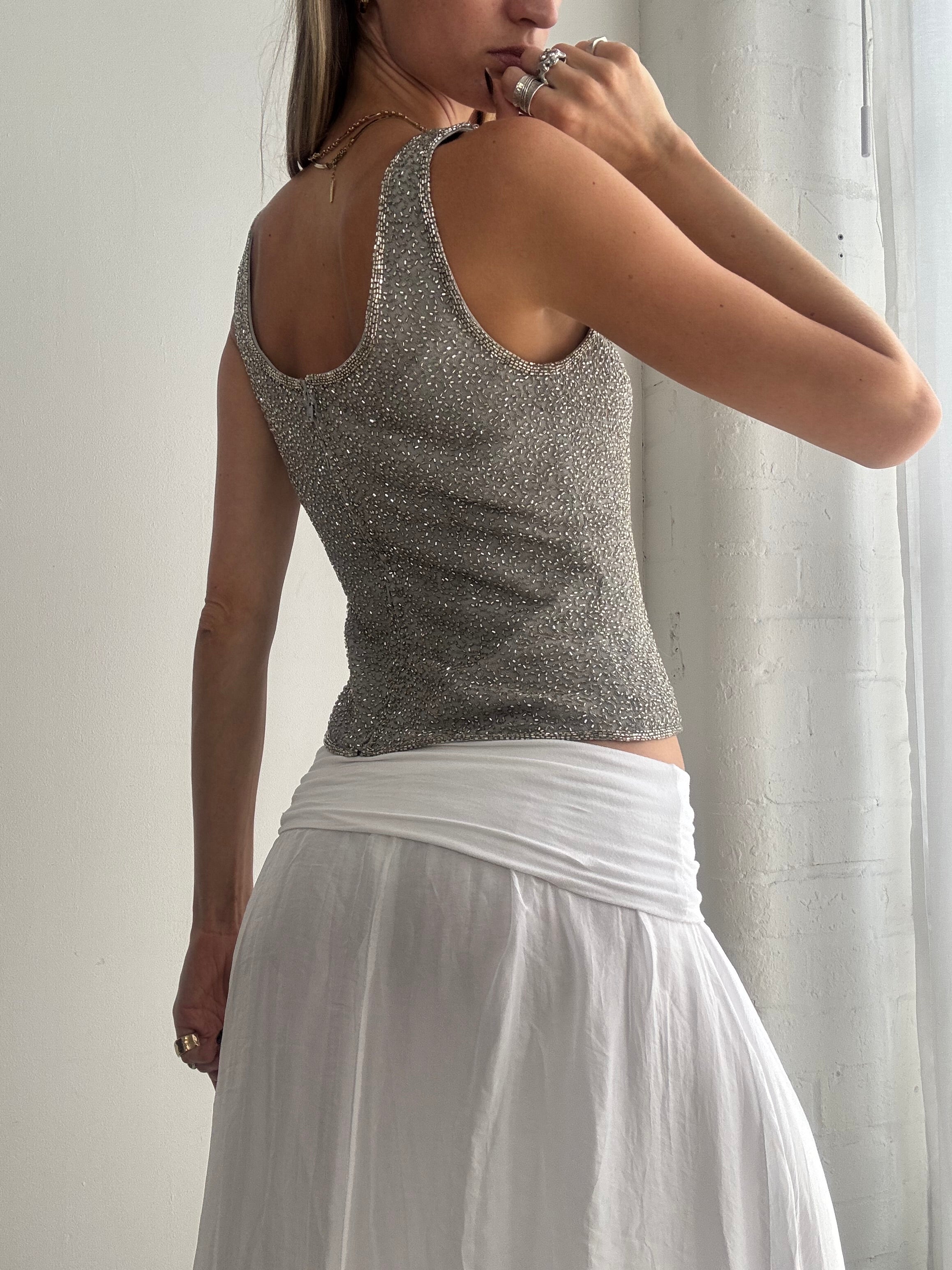 Vintage Y2K silver beaded embellished silk tank top- Size XS/S