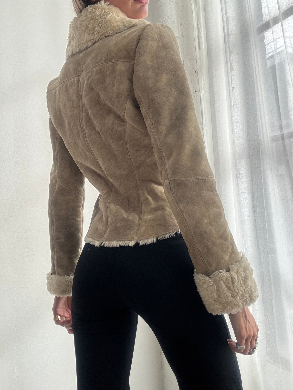Vintage Y2K Tan Suede Faux Fur Trim Jacket - Size XS