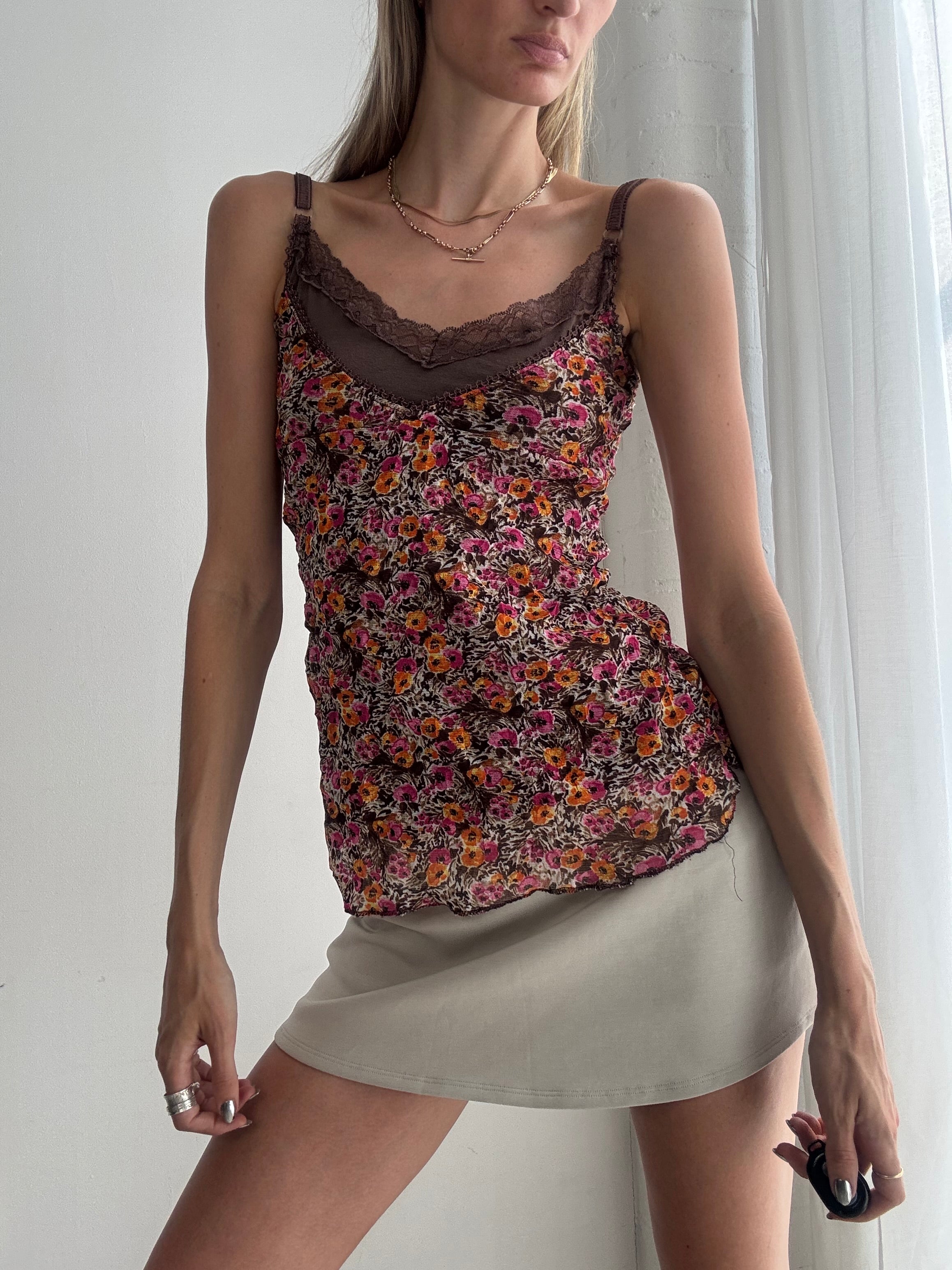 Vintage Y2K Floral Mesh Cami Top – Brown Lace Trim Stretch Tank - Size S