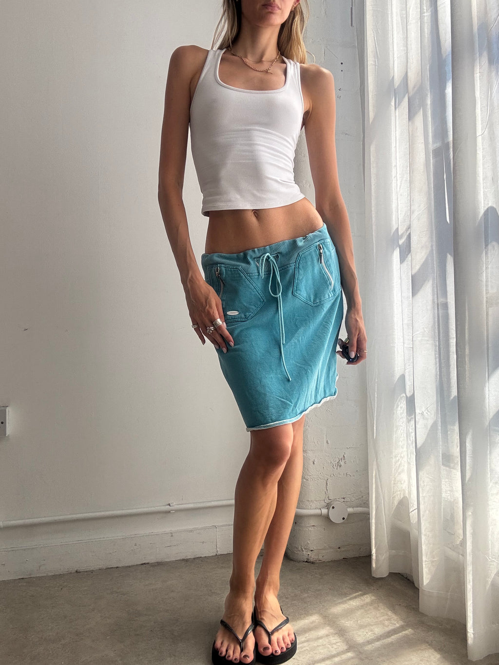 Vintage Turquoise Drawstring Midi Skirt Y2K - Size M/L