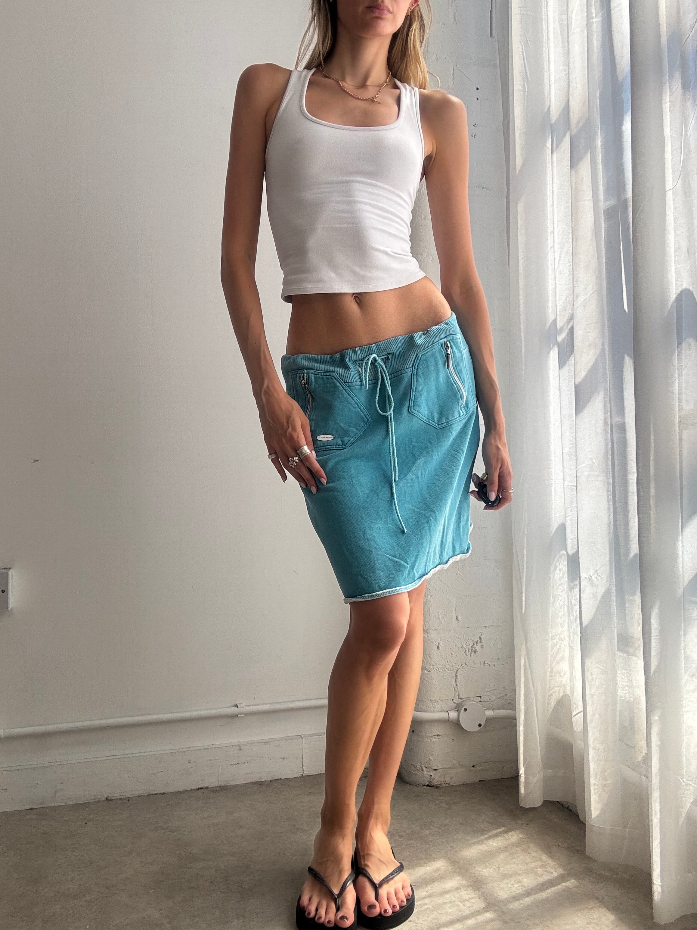 Vintage Turquoise Drawstring Midi Skirt Y2K - Size M/L
