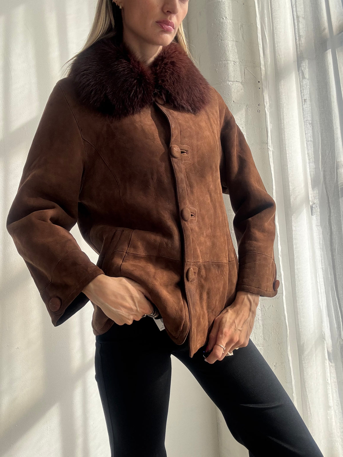 Vintage Y2K Brown Suede Jacket with Fox Fur Collar - Size S