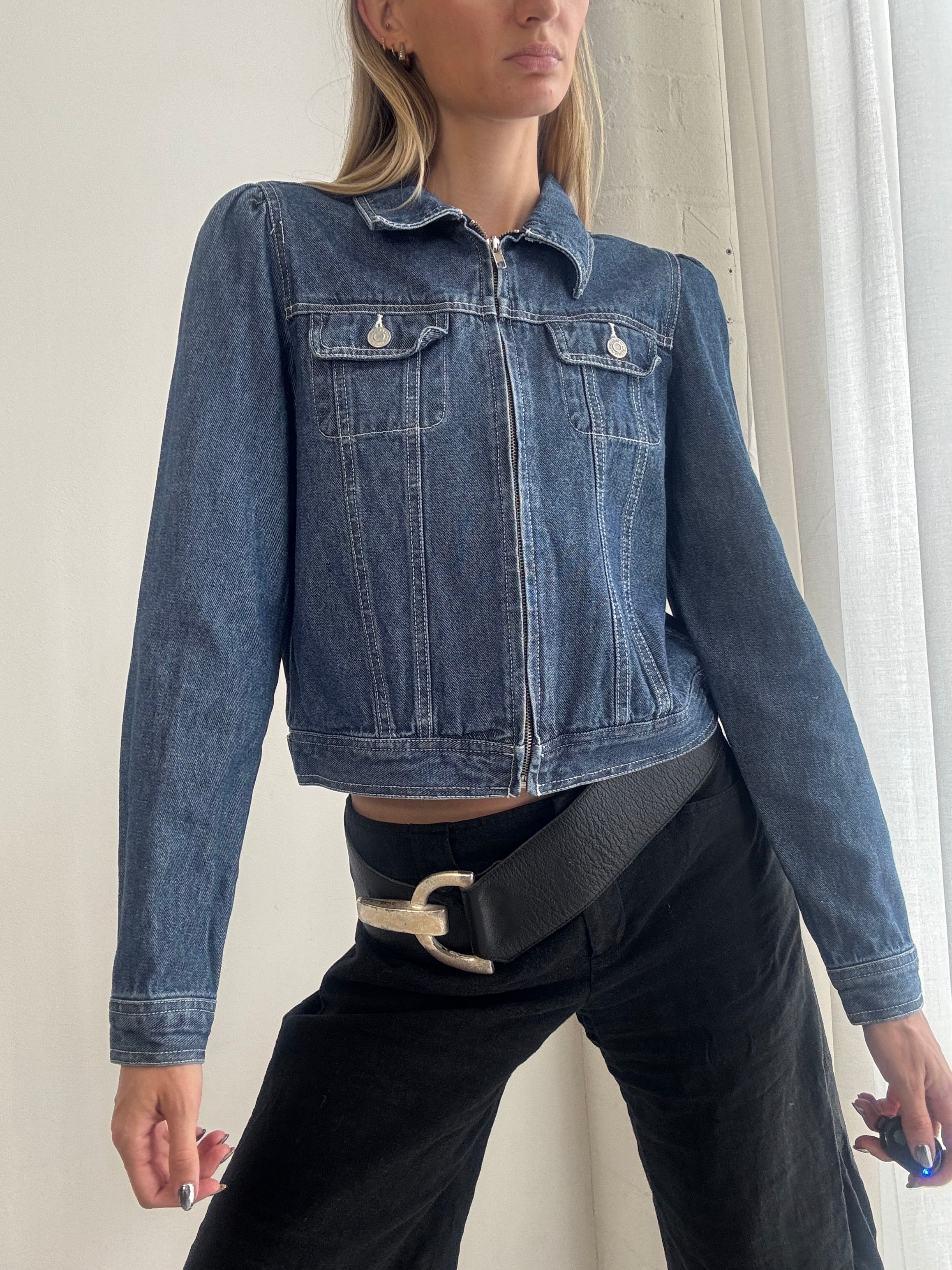 Vintage Y2K Zip Up Denim Jacket – Fitted Blue Jean Jacket - Size S