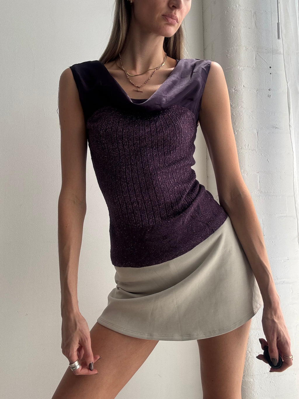 Vintage Y2K purple shimmer cowl neck top - Size S