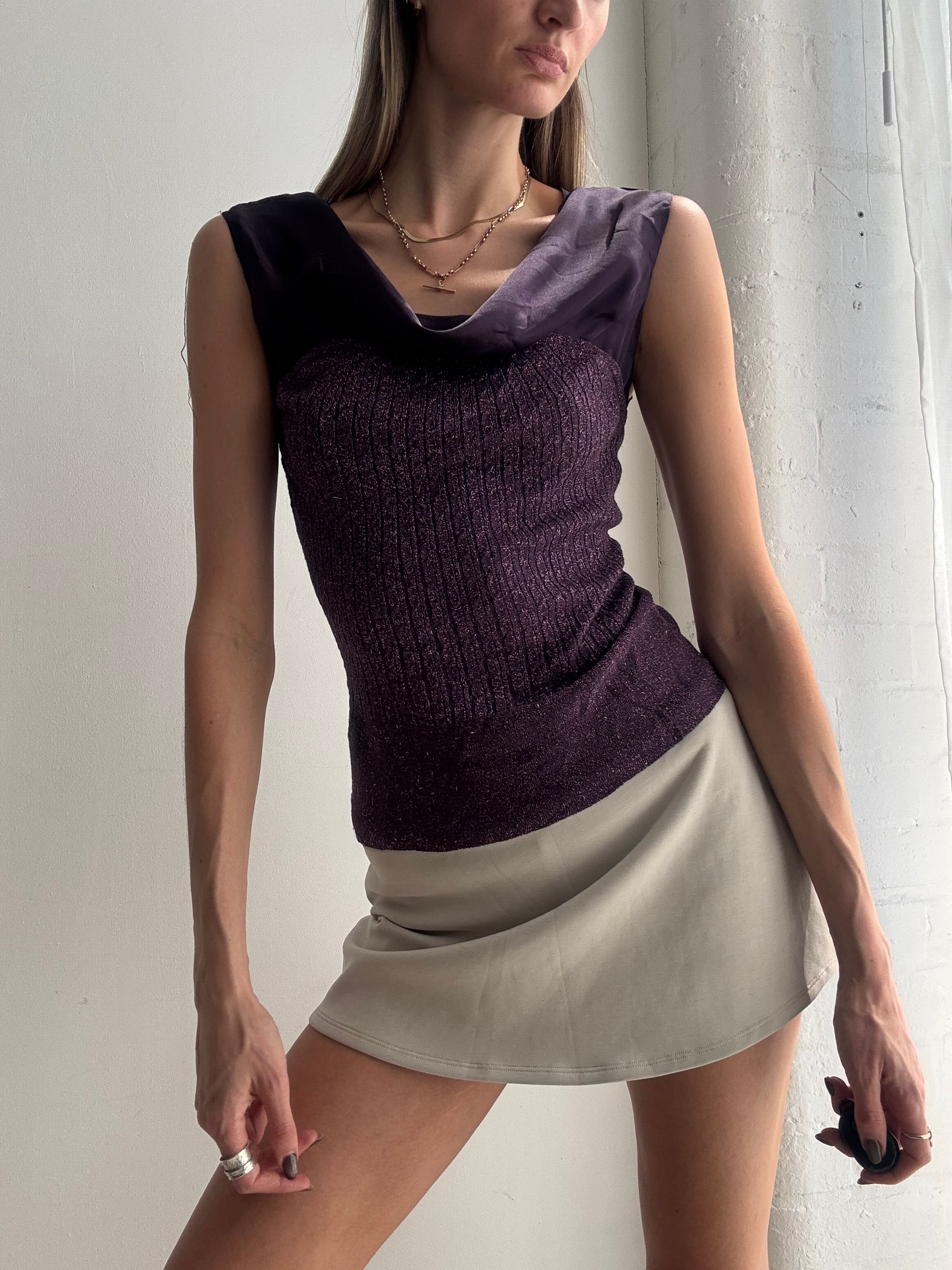 Vintage Y2K purple shimmer cowl neck top - Size S