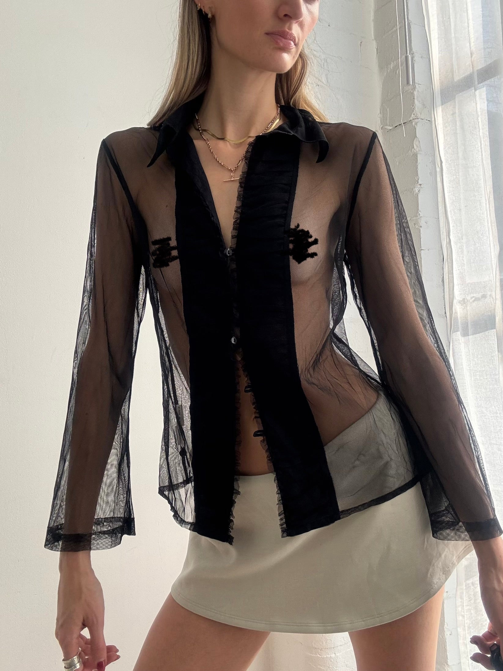 Vintage 90s Sheer Mesh Black Shirt Ruffles