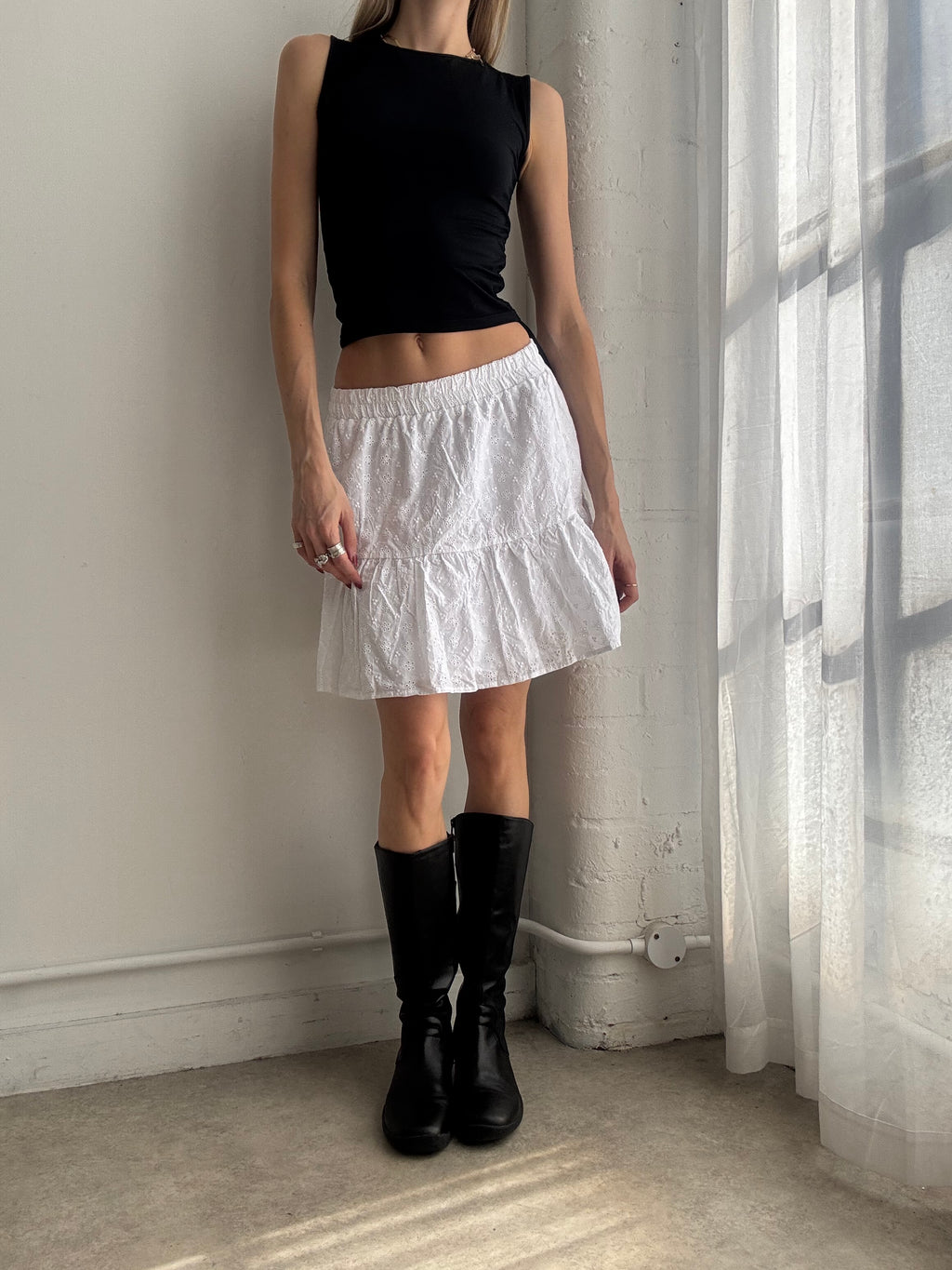 Vintage Y2K white broderie angliase ruffle mini skirt